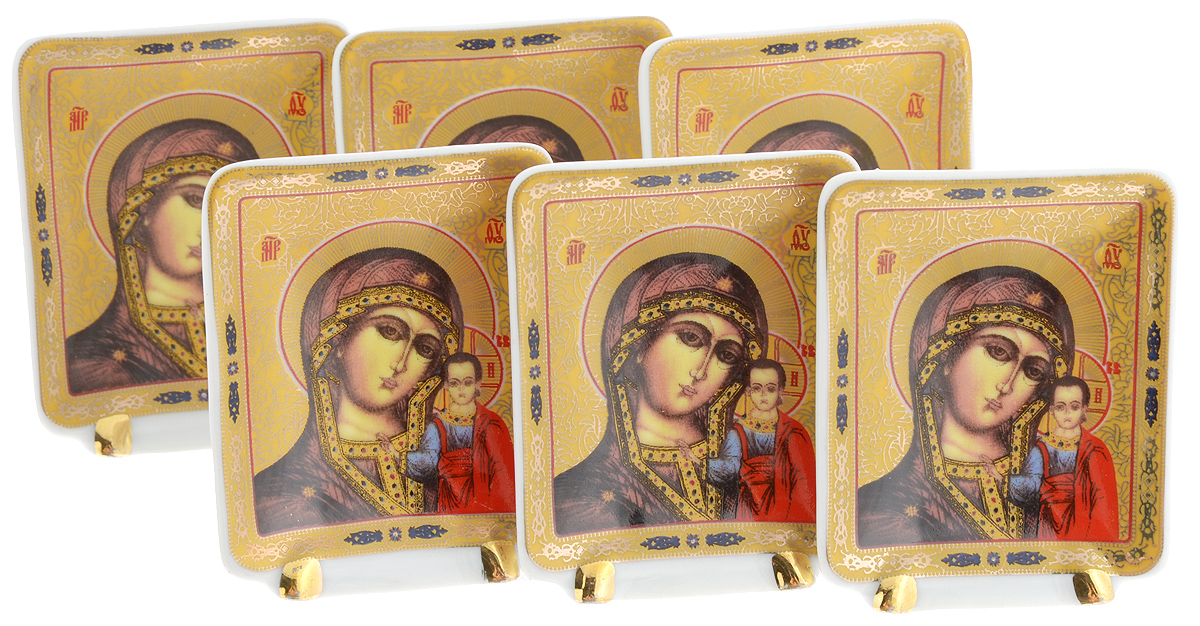 Набор декоративных тарелок Elan Gallery Казанская Божья Матерь, на подставках, 5 х 6,5 см, 6 шт503301 Набор декоративных тарелок Elan Gallery Казанская Божья Матерь, на подставках, 5 х 6,5 см, 6 шт503301Набор из шести декоративных тарелок Elan Gallery Казанская Божья Матерь украсит практически любое ваше помещение, будь то кухня, столовая, гостиная или холл. Набор станет необыкновенным подарком для верующих людей и оригинальным украшением на Пасху. Тарелки выполнены из фарфора и оснащены подставкой, благодаря которой сувенир будет прочно стоять на поверхности. Оригинальный набор декоративных тарелок Elan Gallery Казанская Божья Матерь станет замечательным подарком друзьям и близким людям. Комплектация: 6 шт. Размер тарелки: 5 х 6,5 см.