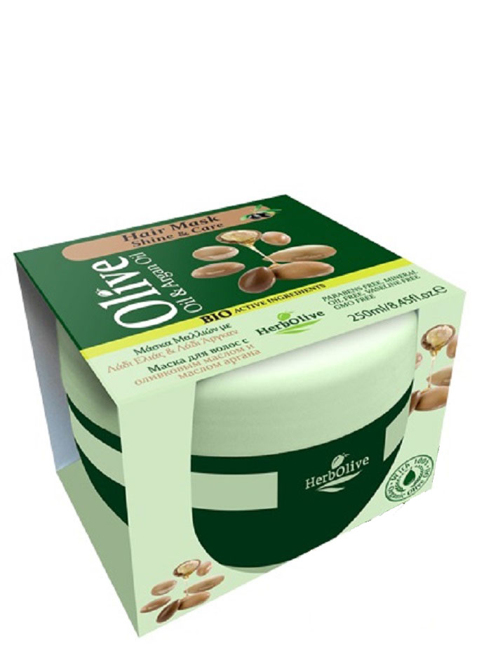 HerbOlive Маска для волос с маслом арганы сияние и защита 250 мл5200310401817 HerbOlive Маска для волос с маслом арганы сияние и защита 250 мл5200310401817Маска подходит для всех типов волос. Масло арганы обеспечивает локонам здоровье, сияние и блеск. Ухаживает за кончиками волос, глубоко проникает в структуру волоса, удерживая влагу в клетках и питая их. Натуральное оливковое масло способствует росту волос, увлажняет, делает объемными и эластичными. Подходит для частого использования. Косметика произведена в Греции на основе органического сырья, НЕ СОДЕРЖИТ минеральные масла, вазелин, пропиленгликоль, парабены, генетически модифицированные продукты (ГМО)