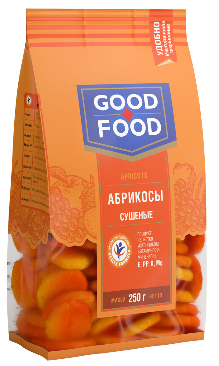 Good Food абрикосы сушеные, 250 г4620000675754 Good Food абрикосы сушеные, 250 г4620000675754Сушеные абрикосы обладают высокими вкусовыми качествами, быстро утоляют чувство голода, обогащают организм витаминами и микроэлементами, оказывают лечебный эффект при целом ряде болезней, делают человека бодрым, сильным и работоспособным.