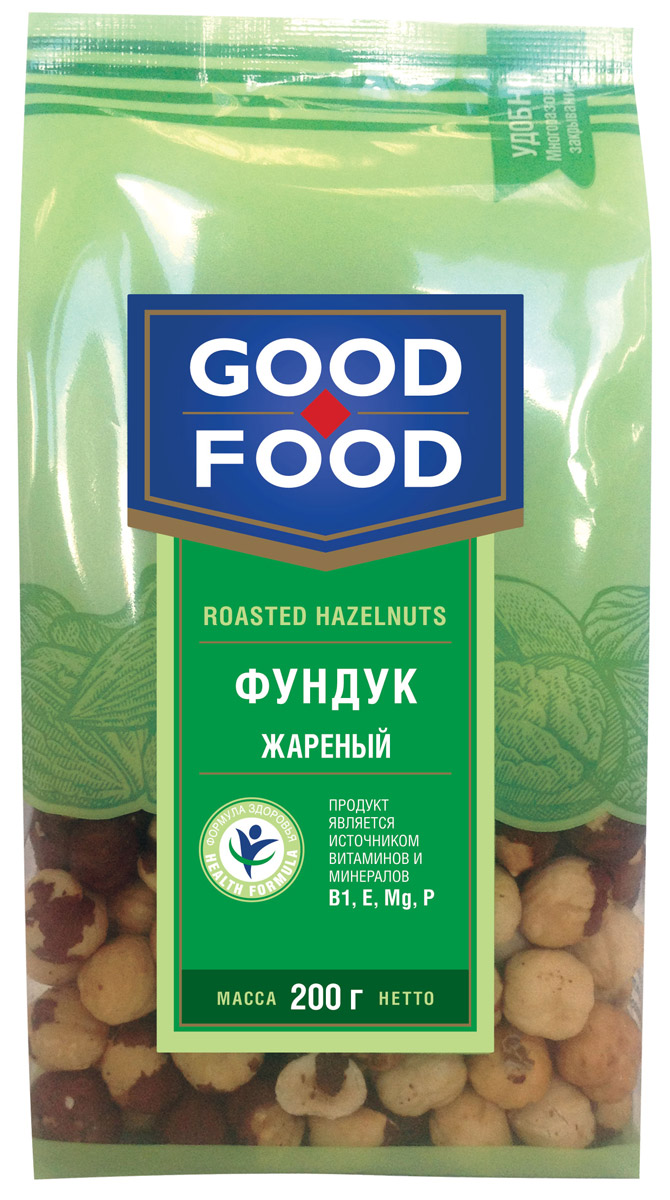 Good Food фундук жареный, 200 г4620000677208 Good Food фундук жареный, 200 г4620000677208Фундук содержит около 60% масел, которые состоят из органических кислот, витамины В1, В2, В6, Е и целый спектр полезных минеральных веществ: калий, кальций, магний, натрий, цинк, железо. Фундук по калорийности приравнивают к мясу и рыбе. Good Food предлагает только отборный фундук крупных калибров.