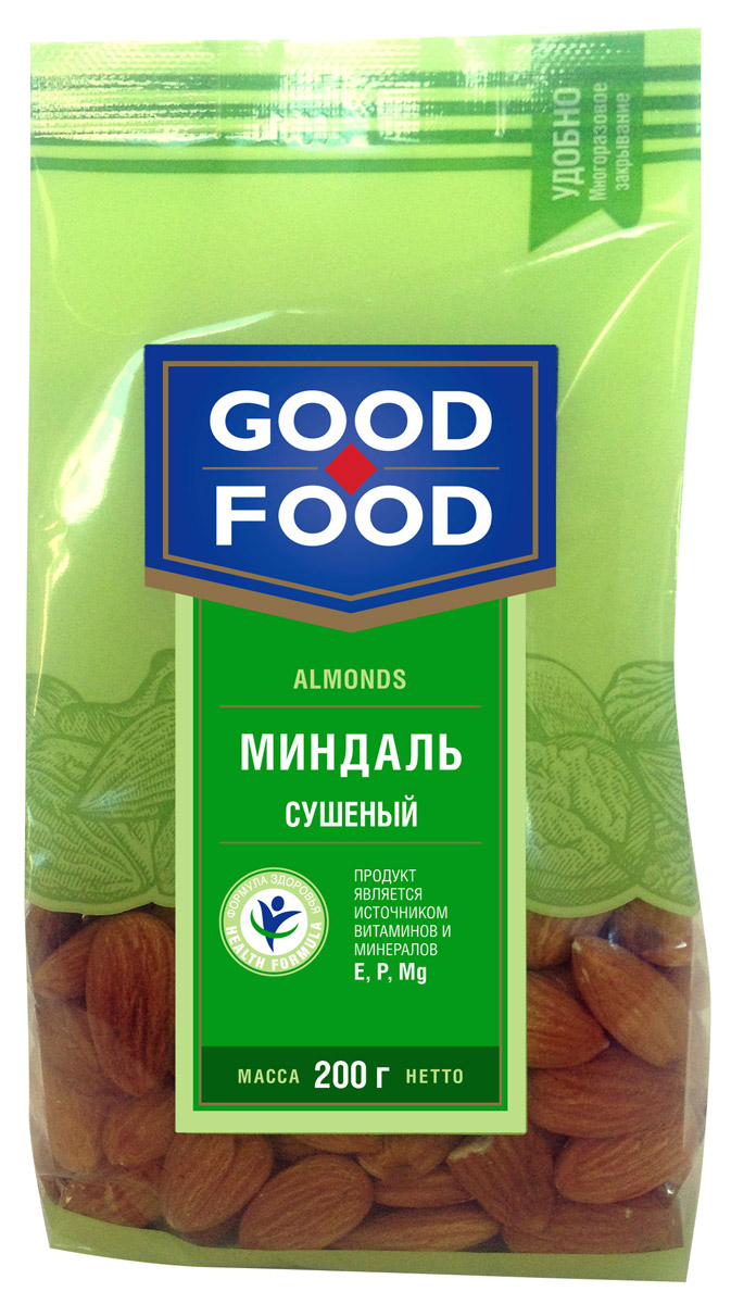 Good Food миндаль сушеный, 200 г4620000677222 Good Food миндаль сушеный, 200 г4620000677222В составе миндаля 18 процентов белка, небольшое количество углеводов, богатейший набор витаминов группы В и Е. Этот орех содержит кальций, фосфор, также много магния, калия, цинка и железа. Миндаль поддерживает в здоровом состоянии зубы, волосы, кожу, улучшает зрение и мозговую активность, очищает внутренние органы. Good Food предлагает только отборный миндаль крупных калибров.