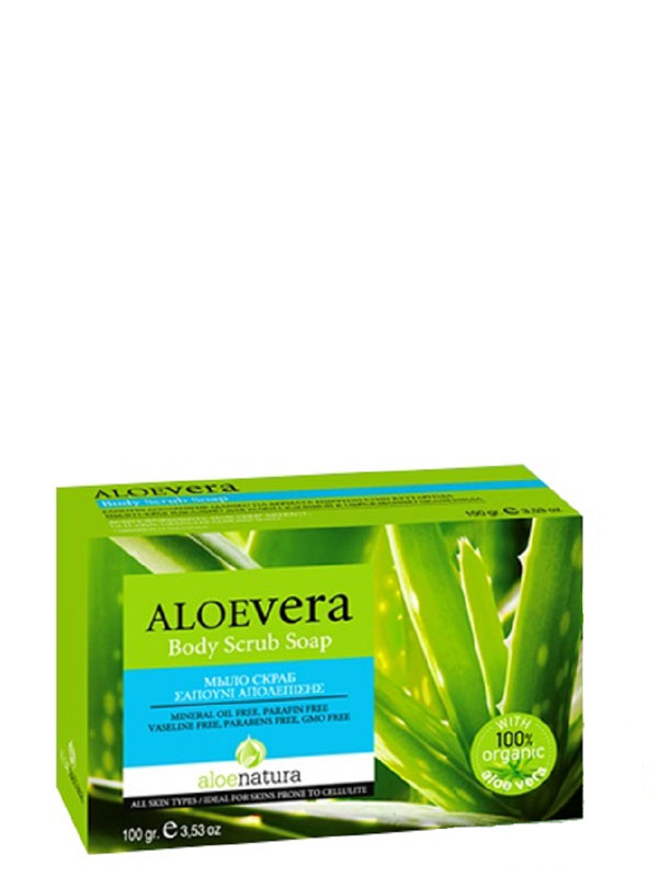 AloeNatura Натуральное мыло-скраб с экстрактом алоэ-вера 100 г5200310403279 AloeNatura Натуральное мыло-скраб с экстрактом алоэ-вера 100 г5200310403279Натуральное мыло для пилинга с морскими водорослями, экстрактом органического алоэ и микрочастицами миндальных косточек. Удаляет омертвевшие клетки, улучшает микроциркуляцию тканей, предупреждает образование целлюлита, придает коже нежность и бархатистость. Косметика произведена в Греции на основе органического сырья, НЕ СОДЕРЖИТ минеральные масла, вазелин, пропиленгликоль, парабены, генетически модифицированные продукты (ГМО)