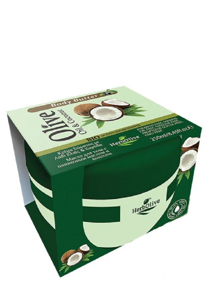 HerbOlive Масло для тела с кокосом 250 мл5200310404177 HerbOlive Масло для тела с кокосом 250 мл5200310404177Твердое масло для тела с кокосом и маслом оливы при соприкосновении с кожей нежно тает, питая, увлажняя и одаривая тело ароматом греческих масел и экстрактов. В составе: ценные масла кокоса, оливы, карите, оливы, миндаля, пантенол. Средство омолаживает кожу, устраняет стянутость, шелушение, тонизирует кожу, хорошо впитывается, не оставляет ощущение жирности. Косметика произведена в Греции на основе органического сырья, НЕ СОДЕРЖИТ минеральные масла, вазелин, пропиленгликоль, парабены, генетически модифицированные продукты (ГМО)