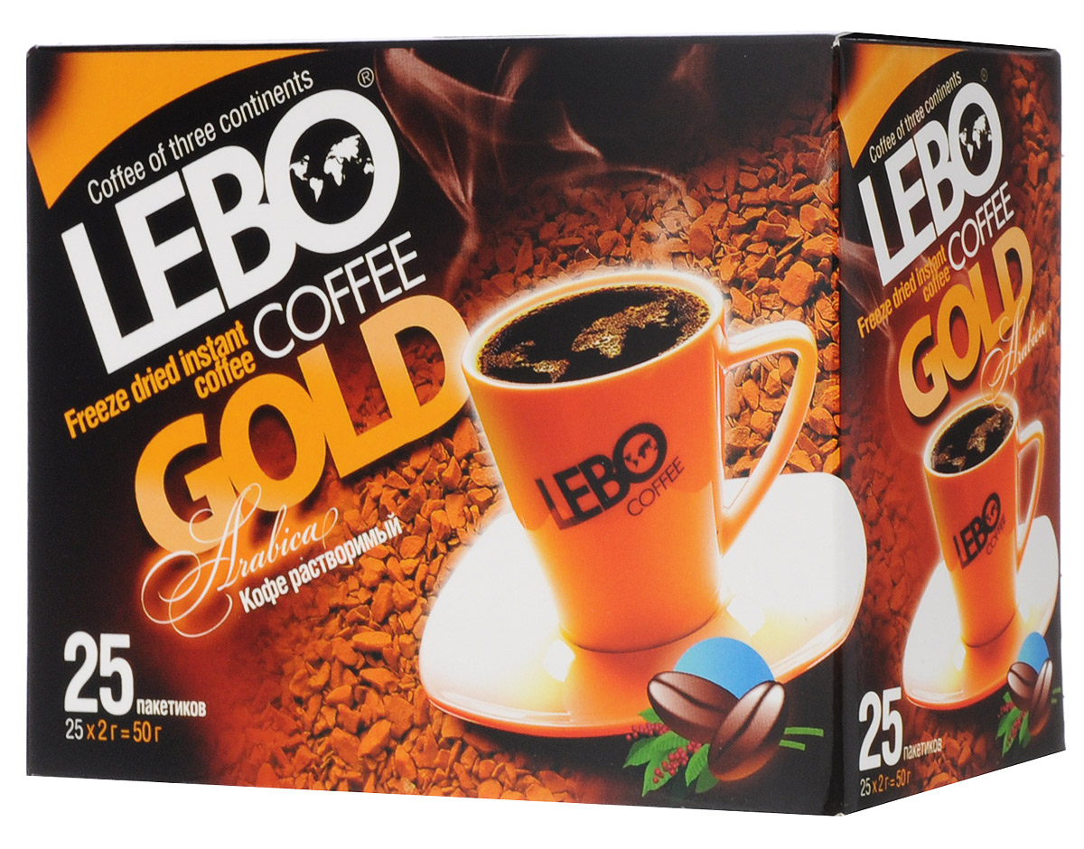 Lebo Gold кофе растворимый порционный, 25 шт х 2 г4602076001040 (бокс) Lebo Gold кофе растворимый порционный, 25 шт х 2 г4602076001040 (бокс)Растворимый кофе Lebo Gold в пакетиках, производится по особой технологии и сохранил в себе все качества натурального кофе. Удобная упаковка, быстрое приготовление и богатый вкус – вот, что делает кофе Lebo Gold таким популярным. Каждая упаковка содержит 25 пакетиков сублимированного кофе из отборных зерен арабики.