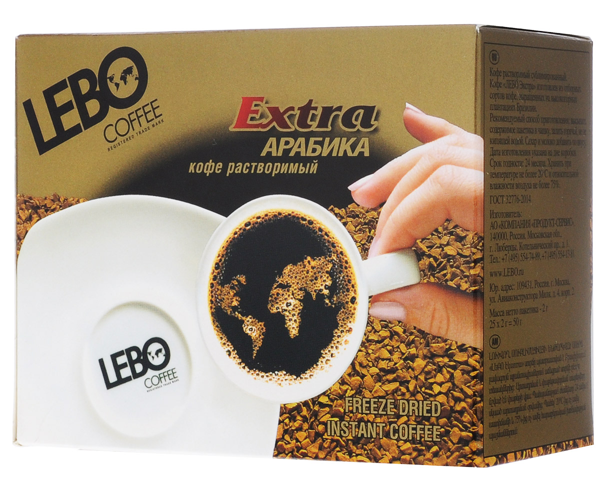 Lebo Extra кофе растворимый порционный, 25 шт х 2 г4602076000838 (бокс) Lebo Extra кофе растворимый порционный, 25 шт х 2 г4602076000838 (бокс)Кофе Lebo Extra - это один из лучших купажей, созданный из тщательно отобранных сортов арабики. Многие любители кофе уже по достоинству оценили глубокий, бархатистый вкус и прекрасный аромат с нотками шоколада. Lebo Extra отлично подойдет для паузы в любое время дня.