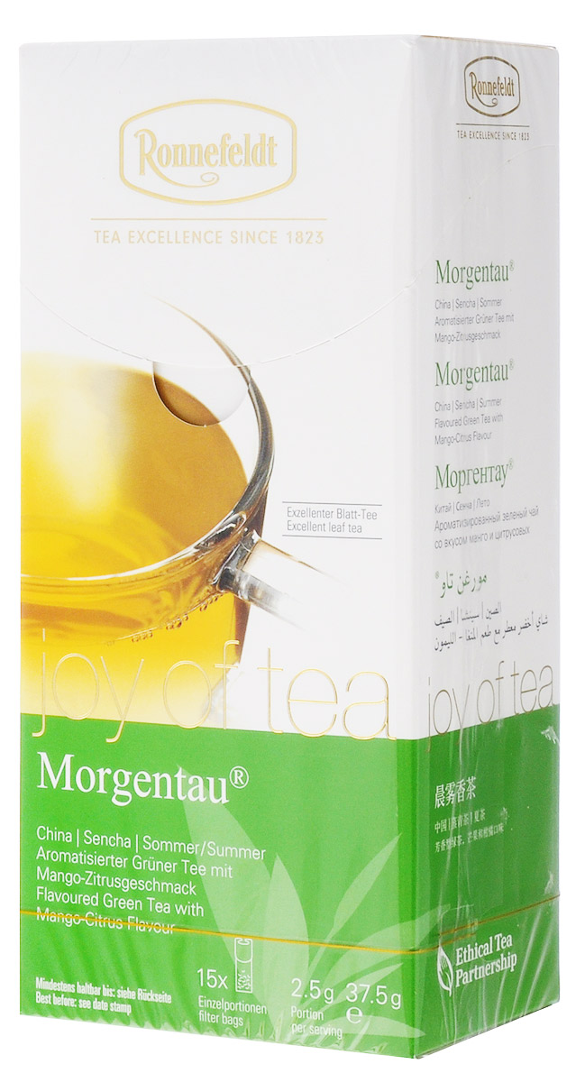 Ronnefeldt Joy of Tea Моргентау зеленый чай со вкусом манго и цитрусовых в пакетиках, 15 шт23050 Ronnefeldt Joy of Tea Моргентау зеленый чай со вкусом манго и цитрусовых в пакетиках, 15 шт23050Завораживающая композиция из сенчи (сорт зеленого чая), цветочных лепестков и нежно-фруктового вкуса манго и цитрусовых. Оптимальная порция высококачественного листового чая в саше из экологичного, натурального материала. В этом саше чайные листья, произведенные традиционным методом, полностью раскрываются и передают напитку свой полный вкус.