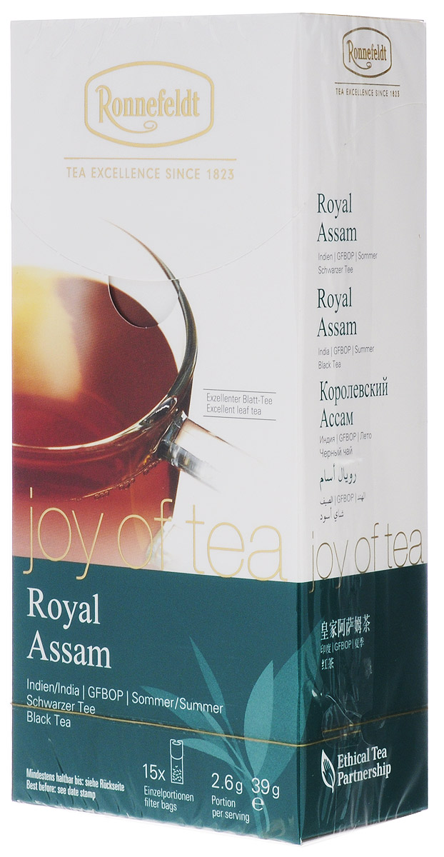 Ronnefeldt Joy of Tea Королевский Ассам черный чай в пакетиках, 15 шт23020 Ronnefeldt Joy of Tea Королевский Ассам черный чай в пакетиках, 15 шт23020Этот классический мелколистовой чай отличается большим количеством золотых типсов и пряным, выразительным солодовым вкусом, типичным для ассамских чаев. Оптимальная порция высококачественного листового чая в саше из экологичного, натурального материала. В этом саше чайные листья, произведенные традиционным методом, могут полностью раскрыться и передать напитку свой полный вкус.