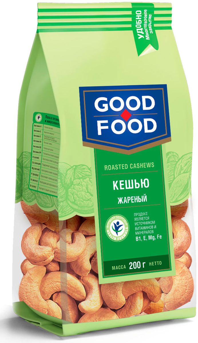 Good Food кешью жареный, 200 г4620000677178 Good Food кешью жареный, 200 г4620000677178В составе ореха кешью содержатся витамины А, С, В1, В2, а также необходимые для организма микроэлементы: кальций, железо, фосфор, магний, цинк, никотиновая кислота, ненасыщенные жирные кислоты омега-3, омега-6. К тому же, орехи с нежным маслянистым вкусом богаты углеводами и белком. При обжарке кешью Good Food применяется уникальная технология - без использования масла. Такая обжарка придает орехам подрумяненный вид и особую вкусовую ноту.