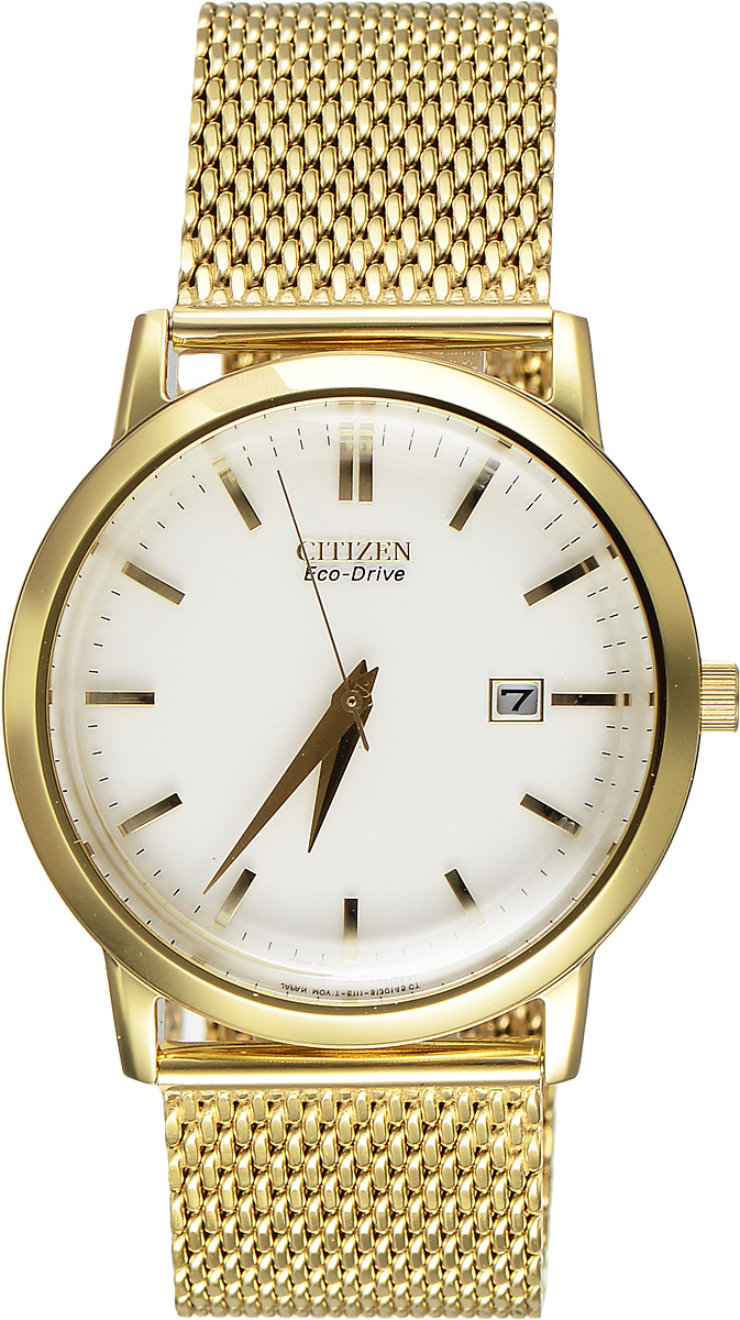 Часы наручные мужские Citizen Eco-Drive, цвет: золотой. BM7192-51ABM7192-51A Часы наручные мужские Citizen Eco-Drive, цвет: золотой. BM7192-51ABM7192-51AСтильные мужские часы Citizen Eco-Drive выполнены из нержавеющей стали и минерального стекла. Циферблат изделия оформлен символикой бренда. Корпус часов оснащен степенью влагозащиты 3 bar, а также устойчивым к царапинам минеральным стеклом. Циферблат дополнен индикатором числа. Элегантный браслет, идеально дополняющий корпус изделия, оснащен практичной пряжкой, которая позволит максимально комфортно снимать и надевать часы. Современная технология Eco-Drive позволяет заряжать аккумулятор изделия с помощью любого естественного или искусственного источника света. Изделие поставляется в фирменной упаковке. Часы Citizen Eco-Drive подчеркнут мужской характер и отменное чувство стиля у их обладателя.
