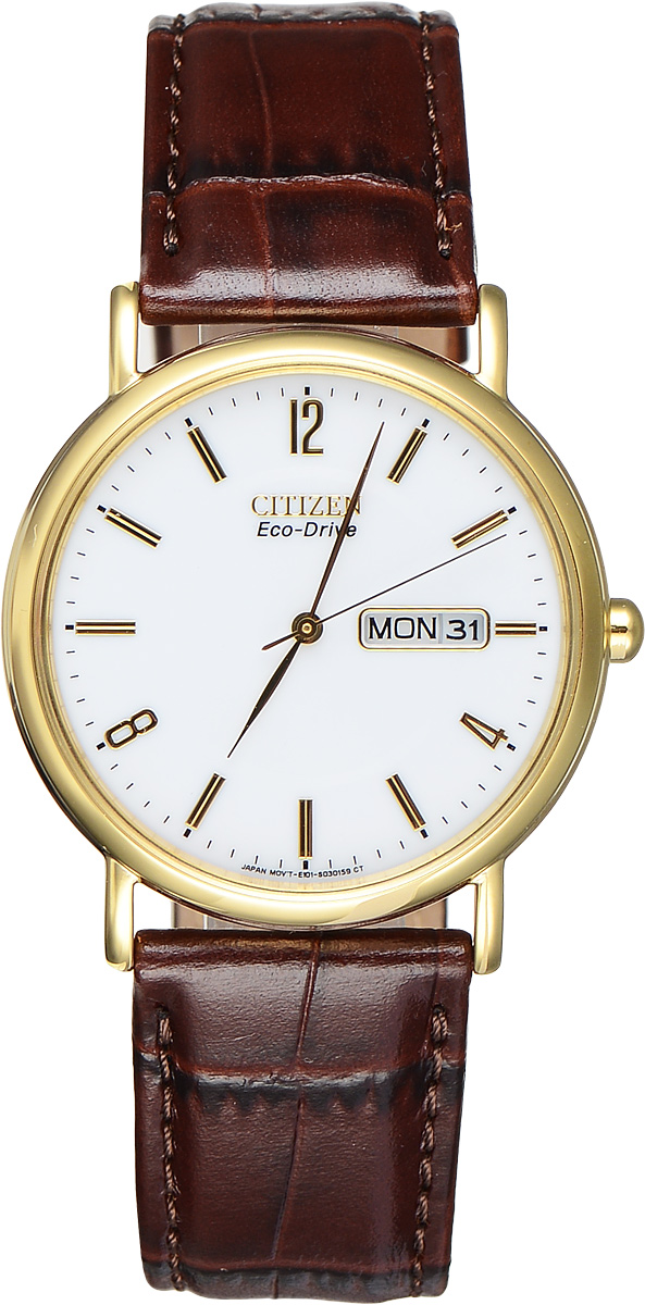 Часы наручные мужские Citizen Eco-Drive, цвет: золотой, коричневый. BM8243-05AEBM8243-05AE Часы наручные мужские Citizen Eco-Drive, цвет: золотой, коричневый. BM8243-05AEBM8243-05AEСтильные мужские часы Citizen Eco-Drive выполнены из нержавеющей стали. Циферблат изделия оформлен символикой бренда. Корпус часов оснащен степенью влагозащиты 3 bar, а также устойчивым к царапинам минеральным стеклом. Циферблат дополнен индикатором даты. Элегантный кожаный ремешок, идеально дополняющий круглый корпус изделия, оформлен фактурным тиснением под кожу рептилии и оснащен практичной пряжкой, которая позволит максимально комфортно снимать и надевать часы. Современная технология Eco-Drive позволяет заряжать аккумулятор изделия с помощью любого естественного или искусственного источника света. Изделие поставляется в фирменной упаковке. Часы Citizen Eco-Drive подчеркнут мужской характер и отменное чувство стиля у их обладателя.