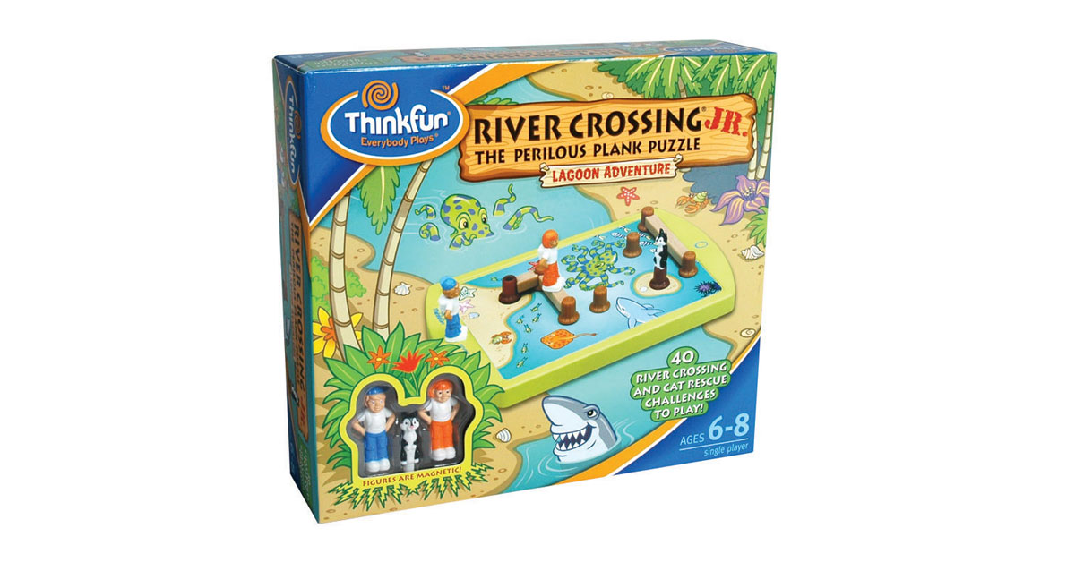 Thinkfun Обучающая игра Переправа для малышей7040-RU Thinkfun Обучающая игра Переправа для малышей7040-RUОбучающая игра Thinkfun Переправа для малышей включает два типа заданий: Переправа и Спасение котенка. В Переправе нужно помочь туристу переправиться на другой берег. Для этого ему необходимо переходить по бревнам, лежащим между пеньками. При начальной раскладке бревен всегда значительно меньше, чем требуется для переправы, и пеньки расставлены довольно редко. Поэтому туристу нужно переносить бревна, по которым он уже прошел, на новое место и достраивать переправу. Правила для заданий Спасение котенка несколько отличаются: здесь нужно спасти котенка, оказавшегося на острове, построив для него непрерывный путь из бревен. Правила перемещения бревен между пеньками схожи с Переправой. 40 заданий делятся на четыре различных уровня сложности, начиная от уровня начинающий и до уровня эксперт. Задачки (особенно двух последних уровней сложности) достаточно сложные и будут интересны не только детям, но и взрослым.