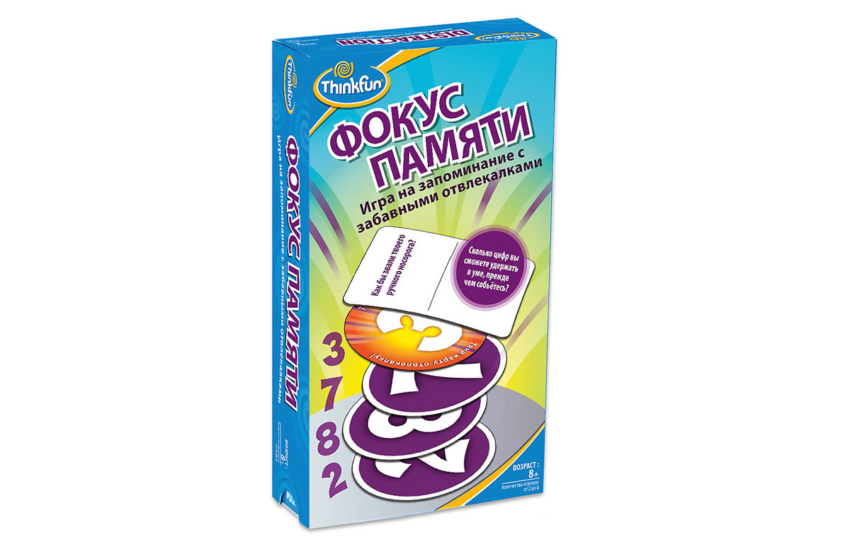Thinkfun Обучающая игра Фокус памяти1514-RU Thinkfun Обучающая игра Фокус памяти1514-RUОбучающая игра Thinkfun Фокус памяти - это то, что нужно для вашего ребенка. Играючи, ребенок будет не только весело проводить досуг, но и развивать память и внимательность. Правила игры просты: необходимо запомнить небольшую последовательность цифр. Но это простая задача осложняется небольшой загвоздкой. Перед тем как произнести последовательность цифр нужно ответить на простой отвлекающий вопрос. В игру можно играть как одному, так и дружной компанией. Порадуйте себя и свое драгоценное чадо столь интересным, увлекательным и занимательным подарком, как игра Фокус памяти, которая развивает мелкую моторику, сообразительность и пространственно- логическое мышление.