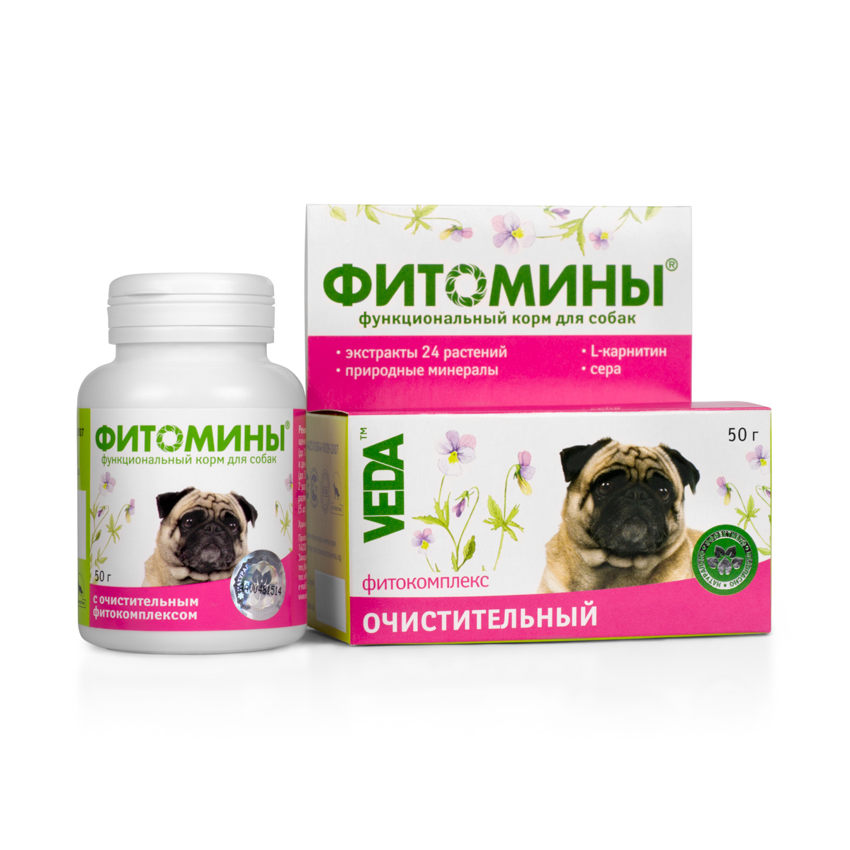 Корм для собак VEDA Фитомины, функциональный, с очистительным фитокомплексом, 50 г4605543005978 Корм для собак VEDA Фитомины, функциональный, с очистительным фитокомплексом, 50 г4605543005978Функциональный корм для собак VEDA Фитомины с очистительным фитокомплексом стабилизирует работу кишечника, повышает аппетит, восстанавливает и защищает печень, снижает уровень билирубина и холестерина в крови. Рекомендуется включать в рацион животных имеющих отклонения в работе органов: - желудочно-кишечного тракта, - печени, желчного пузыря, желчных протоков, поджелудочной железы. Состав: лактоза; крахмал; дрожжи пивные; фитокомплекс: чаги, цветков ромашки, травы репейничка аптечного, травы солянки холмовой, листьев мяты перечной, цветков бессмертника песчаного, травы сушеницы топяной, травы тысячелистника, травы подмаренника настоящего, травы чистотела, листьев крапивы, почек березы, травы кипрея узколистного, травы зверобоя, травы эхинацеи пурпурной, плодов фенхеля, цветков буквицы, цветков лабазника вязолистного, травы будры плющевидной, корней одуванчика, корней и корневищ солодки, травы фиалки, листьев подорожника большого, травы...