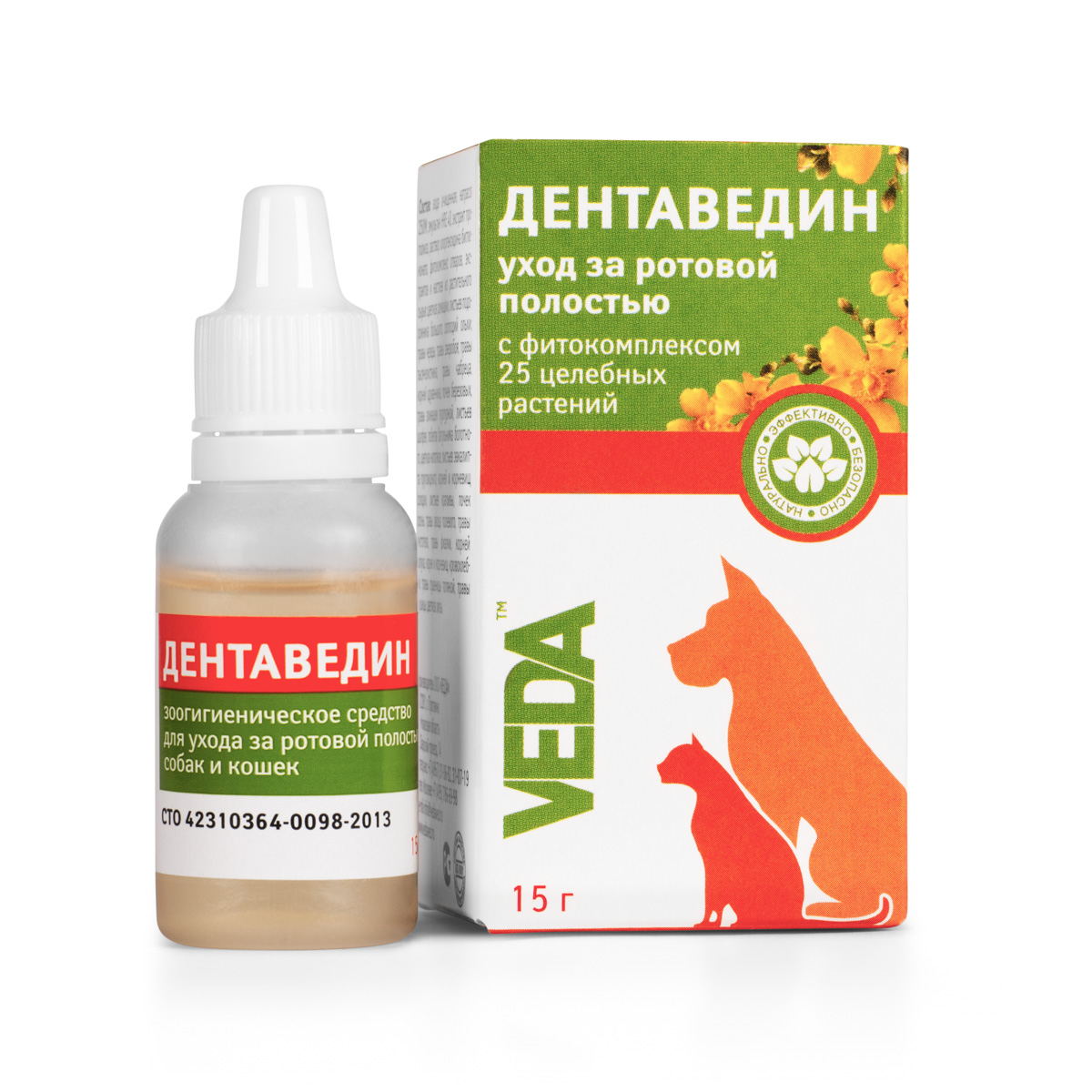 Гигиеническое средство для ухода за ротовой полостью VEDA ДЕНТАВЕДИН, 15г4605543006166 Гигиеническое средство для ухода за ротовой полостью VEDA ДЕНТАВЕДИН, 15г4605543006166Используют для ухода за ротовой полостью собак, кошек и других мелких домашних животных. Обеспечивает очищение слизистых, улучшает их внешний вид и состояние, способствует устранению зубного камня, устраняет неприятный запах, препятствует развитию кариеса и расшатыванию зубов. Состав: вода очищенная, фитокомплекс: цветков ромашки, листьев подорожника большого, соплодий ольхи, травы череды, травы зверобоя, травы тысячелистника, травы чабреца, корней одуванчика, почек березовых, травы эхинацеи пурпурной, листьев шалфея, побегов багульника болотного, цветков ноготков, листьев эвкалипта прутовидного, корней и корневищ солодки, листьев крапивы, почек сосны, травы хвоща полевого, травы чистотела, травы фиалки, корней лопуха, корня и корневищ кровохлебки, травы сушеницы топяной, травы душицы, цветков липы; гидроксиэтилцеллюлоза, эмульгин HRE 40, консервант. Товар сертифицирован.