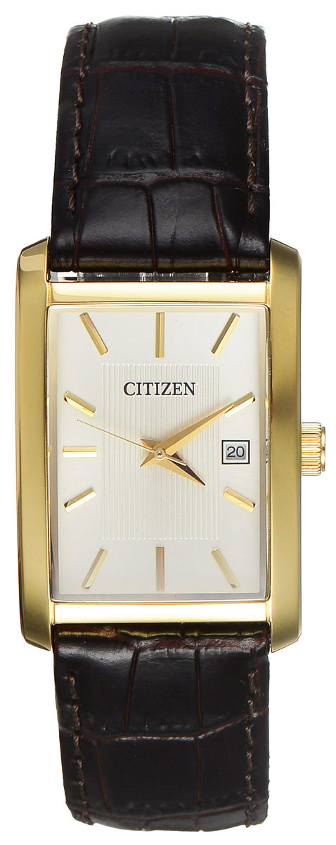 Часы наручные мужские Citizen, цвет: золотой, белый. BH1673-09ABH1673-09A Часы наручные мужские Citizen, цвет: золотой, белый. BH1673-09ABH1673-09AСтильные мужские часы Citizen выполнены из нержавеющей стали и минерального стекла. Циферблат изделия оформлен символикой бренда. Корпус часов оснащен степенью влагозащиты 3 bar, а также устойчивым к царапинам минеральным стеклом. Циферблат дополнен индикатором числа. Элегантный кожаный ремешок, идеально дополняющий прямоугольный корпус изделия, оформлен фактурным тиснением под кожу рептилии и оснащен практичной пряжкой, которая позволит максимально комфортно снимать и надевать часы. Изделие поставляется в фирменной упаковке. Часы Citizen подчеркнут мужской характер и отменное чувство стиля у их обладателя.