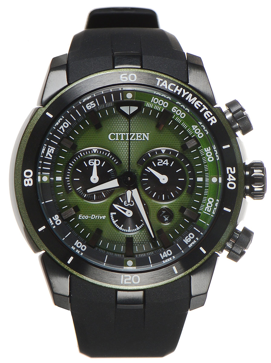 Часы наручные мужские Citizen Eco-Drive, цвет: черный, зеленый. CA4156-01WCA4156-01W Часы наручные мужские Citizen Eco-Drive, цвет: черный, зеленый. CA4156-01WCA4156-01WСтильные многофункциональные мужские часы Citizen Eco-Drive выполнены из нержавеющей стали. Циферблат изделия оформлен символикой бренда. Часы оснащены тахиметрической шкалой, функцией хронографа, функцией отображения времени в формате 12/24 и секундомером. Корпус часов обладает степенью влагозащиты 10 bar, а также оснащен устойчивым к царапинам минеральным стеклом. Циферблат дополнен индикатором числа. Элегантный ремешок из полимерного материала, идеально дополняющий корпус изделия, оснащен практичной пряжкой, которая позволит максимально комфортно снимать и надевать часы. Современная технология Eco-Drive позволяет заряжать аккумулятор изделия с помощью любого естественного или искусственного источника света. Часы поставляются в фирменной упаковке. Часы Citizen Eco-Drive подчеркнут мужской характер и отменное чувство стиля у их обладателя.