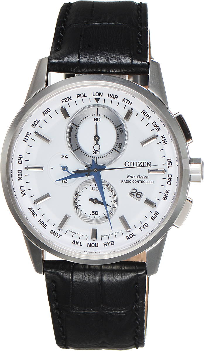 Часы наручные мужские Citizen Eco-Drive, цвет: черный, стальной. AT8110-11AAT8110-11A Часы наручные мужские Citizen Eco-Drive, цвет: черный, стальной. AT8110-11AAT8110-11AСтильные многофункциональные мужские часы Citizen Eco-Drive выполнены из нержавеющей стали. Циферблат изделия оформлен символикой бренда. Часы оснащены функцией корректировки времени по радиосигналу, функцией отображения времени в формате 12/24 и секундомером. Данные часы позволят посмотреть значение времени и даты в различных городах мира. Корпус часов обладает степенью влагозащиты 10 bar, а также оснащен антибликовым сапфировым стеклом. Циферблат дополнен индикатором числа, индикатором включения\выключения летнего времени, индикатором калибровки, индикатором города, индикатором дня недели и индикатором уровня заряда аккумулятора. Элегантный кожаный ремешок, идеально дополняющий корпус изделия, оформлен фактурным тиснением под кожу рептилии и оснащен застежкой-бабочкой, которая позволит максимально комфортно снимать и надевать часы. Современная технология Eco-Drive позволяет заряжать аккумулятор изделия с помощью любого естественного или искусственного источника света. ...