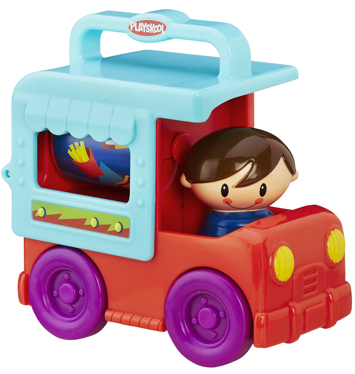 Playskool Развивающая игрушка Грузовичок цвет красный бирюзовый фиолетовыйB4533EU4_B4894 Playskool Развивающая игрушка Грузовичок цвет красный бирюзовый фиолетовыйB4533EU4_B4894Развивающая игрушка Playskool Грузовичок привлечет внимание вашего малыша и не позволит ему скучать! Выполненная из безопасного пластика, игрушка представляет собой грузовичок с водителем. Водитель поворачивается с щелкающими звуками, крыша машинки откидывается назад, открывая находящийся в кузове барабан, украшенный изображением еды. Барабан крутится. Колеса машинки свободно вращаются. Игрушка легко помещается в сумку, у нее нет отдельных деталей, которые могут потеряться. Размер ручки для переноски на крыше машинки идеально подходит для малышей.