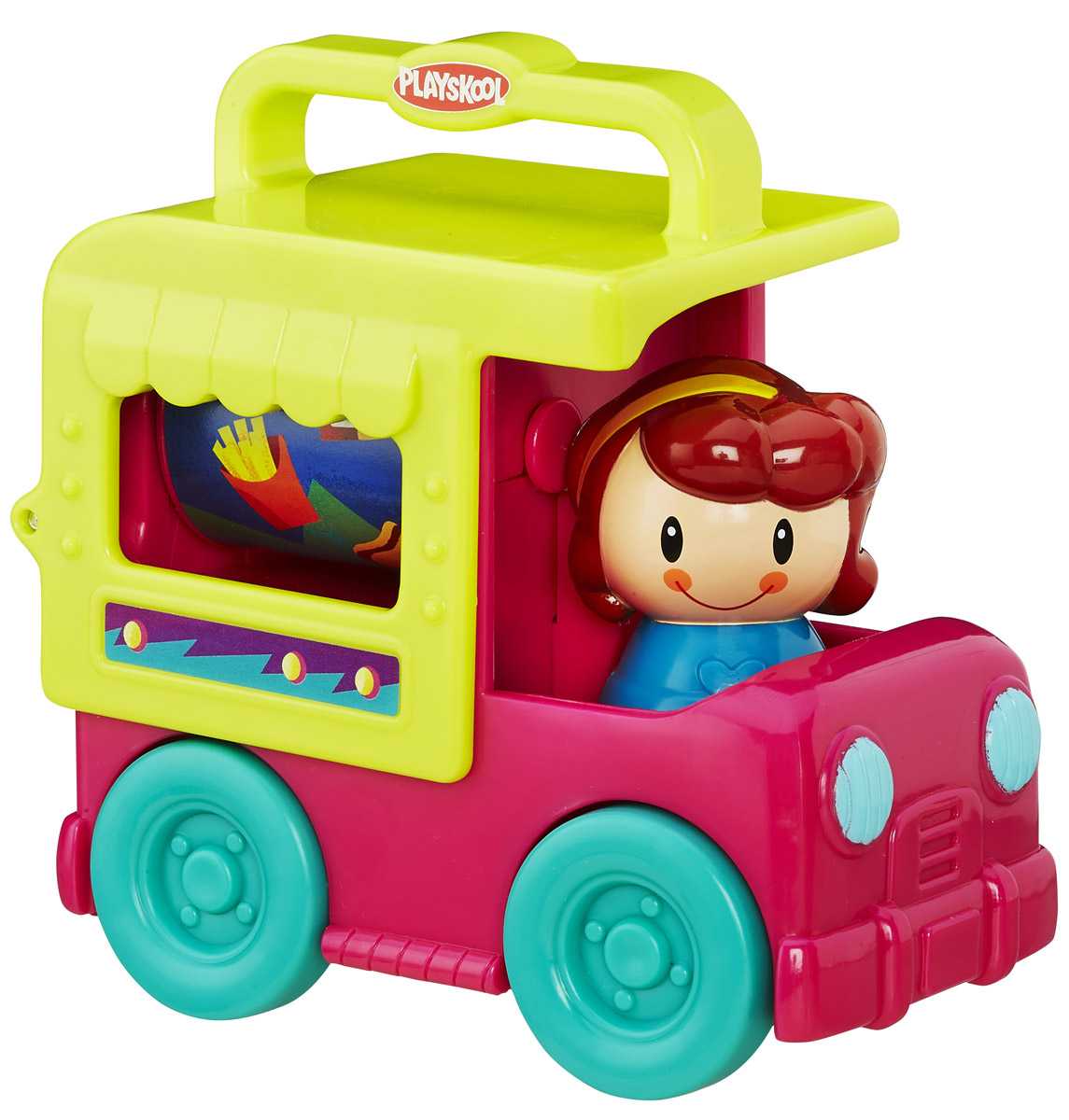 Playskool Развивающая игрушка Грузовичок цвет малиновый желтый зеленыйB4533EU4_B4895 Playskool Развивающая игрушка Грузовичок цвет малиновый желтый зеленыйB4533EU4_B4895Развивающая игрушка Playskool Грузовичок привлечет внимание вашего малыша и не позволит ему скучать! Выполненная из безопасного пластика, игрушка представляет собой грузовичок с водителем. Водитель поворачивается с щелкающими звуками, крыша машинки откидывается назад, открывая находящийся в кузове барабан, украшенный изображением еды. Барабан крутится. Колеса машинки свободно вращаются. Игрушка легко помещается в сумку, у нее нет отдельных деталей, которые могут потеряться. Размер ручки для переноски на крыше машинки идеально подходит для малышей.