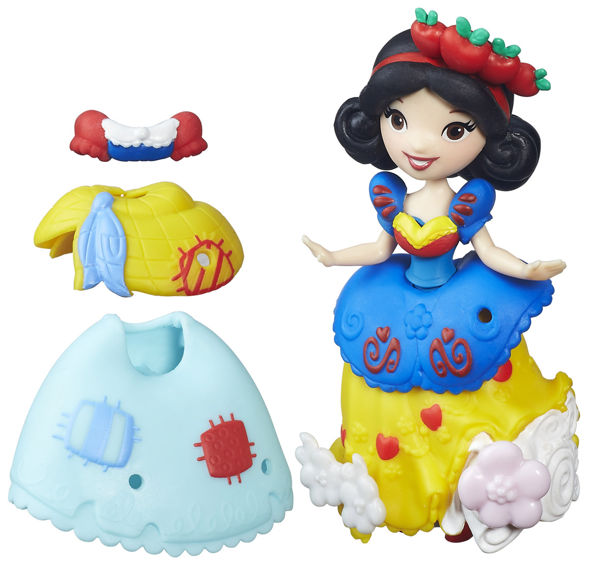 Disney Princess Мини-кукла Белоснежка и модные нарядыB5327EU4_B5330 Disney Princess Мини-кукла Белоснежка и модные нарядыB5327EU4_B5330Мини-кукла Disney Princess Белоснежка и модные наряды входит в серию Маленькое королевство. Кукла небольшого роста, но очень похожа на героиню мультфильма. Малышка тщательно проработана и радует количеством декоративных элементов. Черные волосы Белоснежки украшены красным бантом, большие карие глаза приветливо смотрят на мир, нежная улыбка очаровывает с первого взгляда. На куклу надето платье, в котором с первого взгляда узнается наряд героини: синий верх, желтая юбка, рукава-фонарики с красными вставками. Тем не менее, платье мини-куклы имеет больше интересных деталей, а какую-то часть из них можно добавить самостоятельно! В комплекте находятся пластиковые элементы, которые можно вставить в одежду принцессы. Кукла станет замечательным подарком вашей малышке, а дополнительные аксессуары разнообразят игру.