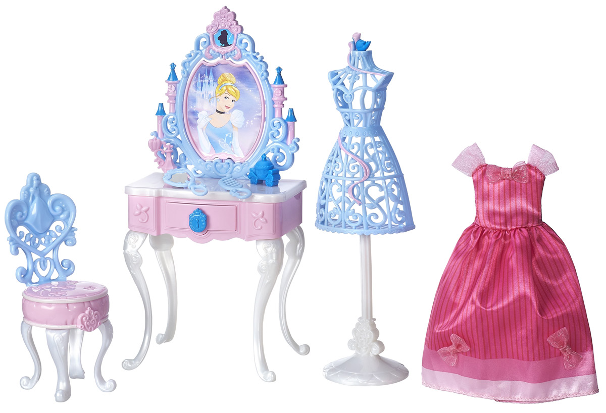 Disney Princess Игровой набор Волшебный туалетный столик ЗолушкиB5309EU4_B5311 Disney Princess Игровой набор Волшебный туалетный столик ЗолушкиB5309EU4_B5311Игровой набор Disney Princess Волшебный туалетный столик для очаровательной диснеевской принцессы Золушки позволит вашей девочке воссоздать любимые моменты из популярного мультфильма. Столик выполнен в нежной цветовой гамме, а его декоративные элементы создают впечатление воздушности и шика. Ящички столика открываются, в них можно положить небольшие предметы, а зеркало вращается, и в нем можно увидеть счастливое лицо Золушки. Изящный стульчик, манекен, расческа, пудра, флакон духов и нарядное розовое платье для Золушки - все, что нужно принцессе, чтобы выглядеть на балу просто сногсшибательно! Кукла в набор не входит.