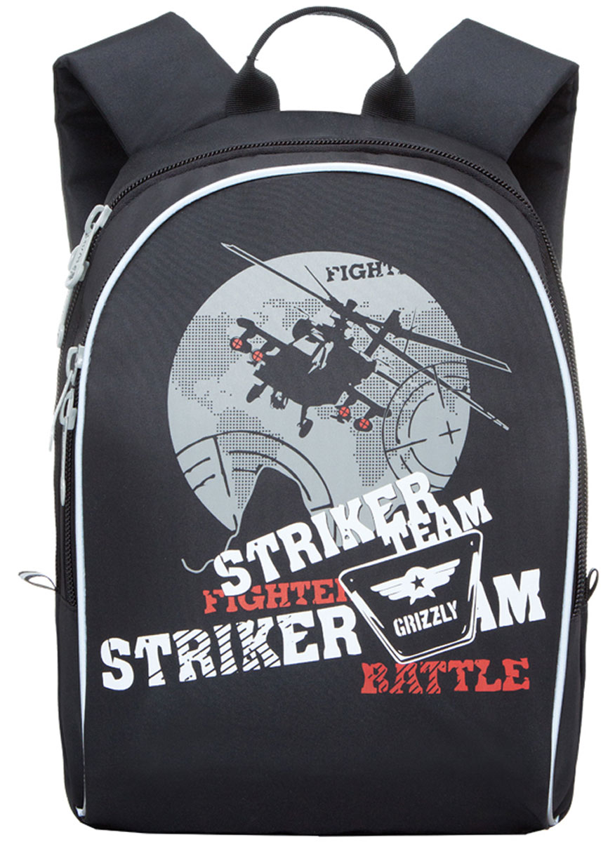 Grizzly Рюкзак детский Striker Team цвет черный серыйRB-628-2/4 Grizzly Рюкзак детский Striker Team цвет черный серыйRB-628-2/4Школьный рюкзак Grizzly Striker Team - это красивый и удобный рюкзак, который подойдет всем, кто хочет разнообразить свои школьные будни. Рюкзак выполнен из плотного материала и оформлен оригинальным принтом с военной тематикой. Рюкзак имеет одно основное отделение на молнии с двумя бегунками, внутри которого находится один открытый накладной карман. Спереди на рюкзаке располагается наружный карман на молнии с двумя бегунками, содержащий органайзер для школьных принадлежностей. Бегунки застежки-молнии дополнены удобными металлическими держателями с логотипом Grizzly. Мягкие широкие лямки со светоотражающими полосами позволяют легко и быстро отрегулировать рюкзак в соответствии с ростом. Рюкзак также оснащен петлей для подвешивания на вешалку. Многофункциональный школьный рюкзак станет незаменимым спутником вашего ребенка в походах за знаниями.