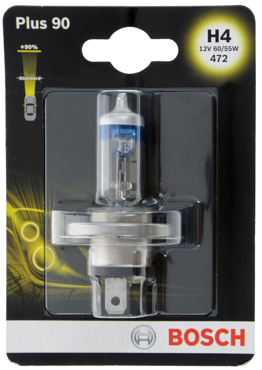 Лампа Bosch Plus 90 H4 19873010771987301077 Лампа Bosch Plus 90 H4 19873010771987301077Лампа галогенная Bosch H4 Plus 90 12V, 60/55W, 1 шт - источник света, у которого светящим элементом является вольфрамовая спираль. У лампы есть большой запас срока службы. Способна выдержать большое количество включений и выключений. Напряжение: 12 вольт