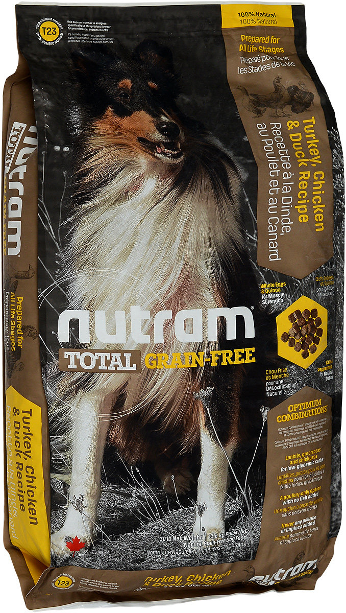 Корм сухой Nutram Total Grain-free T23, для собак, беззерновой, с индейкой, курицей и уткой, 13,6 кг83491 Корм сухой Nutram Total Grain-free T23, для собак, беззерновой, с индейкой, курицей и уткой, 13,6 кг83491Сухой корм Nutram Total Grain-free T23 предназначен для собак всех возрастов. В составе корма: - Нет картофеля; - Углеводы с низким гликемическим индексом (ГИ), полученные из бобовых (турецкий горох и зеленый горошек); - Органические пребиотики (морские водоросли и инулин агавы); - Мощные супер-продукты, такие как лебеда, семена чии, свежие ягоды, гранат и капуста; - Свыше 90% свежих фруктов и овощей канадского производства. Товар сертифицирован.