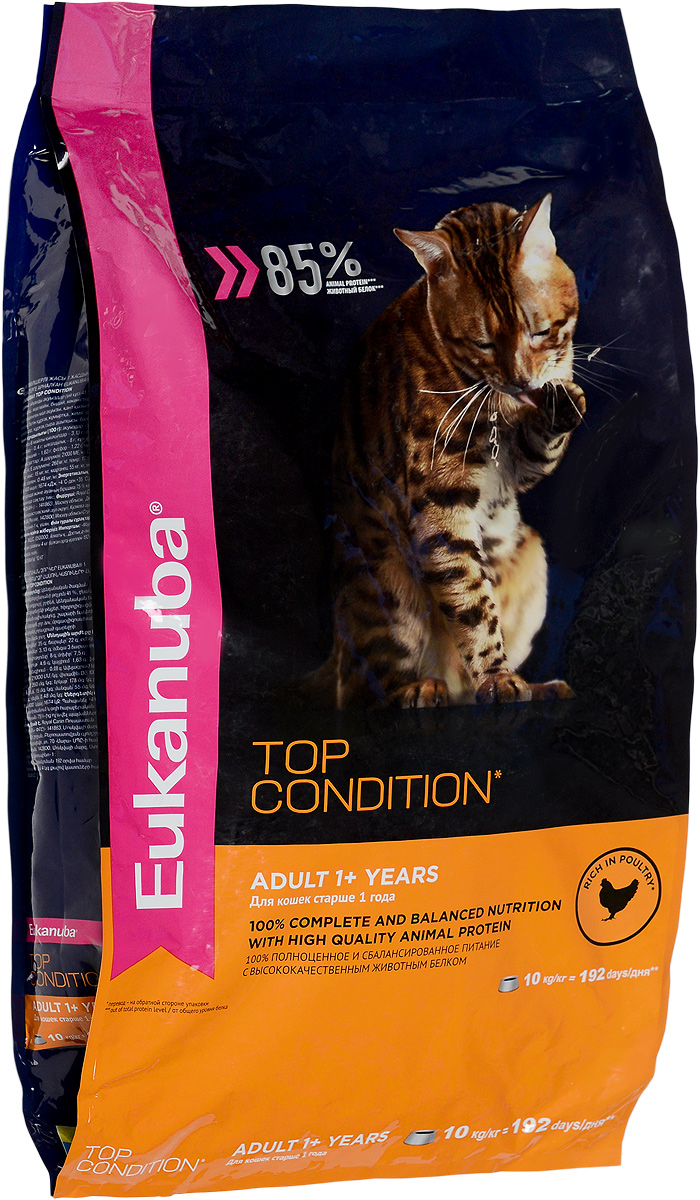 Корм сухой Eukanuba EUK Cat для взрослых кошек, с домашней птицей, 10 кг10144221 Корм сухой Eukanuba EUK Cat для взрослых кошек, с домашней птицей, 10 кг10144221Полнорационный сухой корм Eukanuba EUK Cat предназначен для взрослых кошек старше 1 года. 100% полноценное и сбалансированное питание с высококачественным животным белком. Поддерживает здоровье кошки по шести ключевым признакам и обеспечивает отличную физическую форму: Особенности корма: 1. Надежная защита: способствует поддержанию иммунной системы за счет антиоксидантов. 2. Оптимальное пищеварение: способствует поддержанию здоровой кишечной микрофлоры за счет пребиотиков и клетчатки. 3. Здоровье мочевыводящей системы: разработан специально для поддержания здоровья мочевыводящий путей. 4. Сильные мышцы: белки животного происхождения способствуют росту и сохранению мышечной массы. Содержит 85% животного белка (от общего уровня белка). 5. Здоровье кожи и шерсти: способствует сохранению здоровья кожи и блестящей шерсти, благодаря рыбьему жиру и оптимальному соотношению омега-6 и омега-3 жирных кислот. 6. Здоровые зубы: поддерживает...