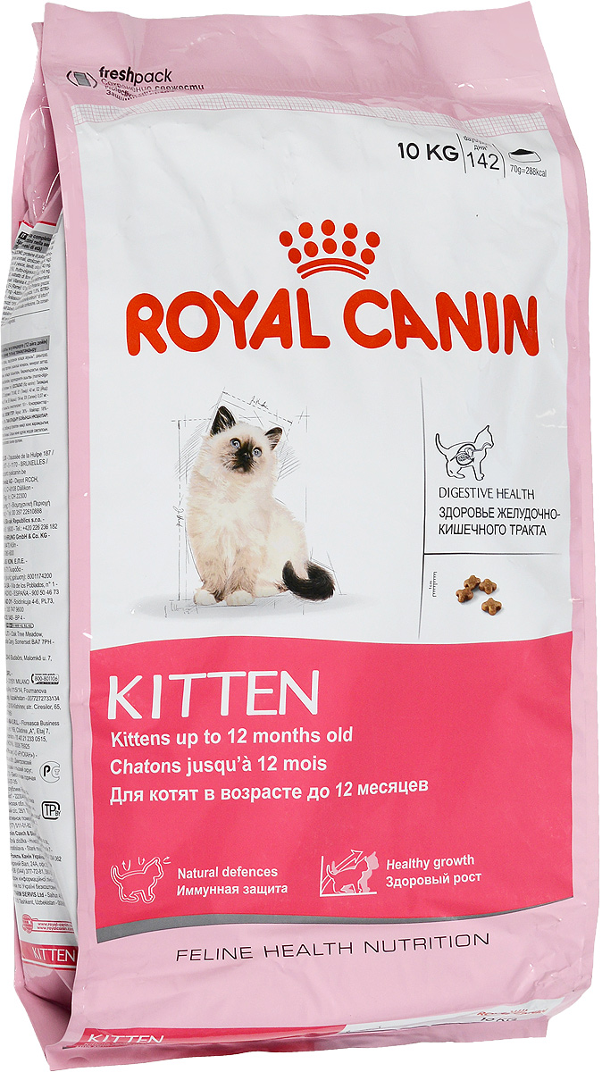 Корм сухой Royal Canin Kitten, для котят в возрасте до 12 месяцев, 10 кг00634 Корм сухой Royal Canin Kitten, для котят в возрасте до 12 месяцев, 10 кг00634Сухой корм Royal Canin Kitten - полнорационный корм для котят в возрасте до 12 месяцев. Здоровье пищеварительной системы. В течение периода роста пищеварительная система котенка остается несовершенной и продолжает постепенно развиваться в течение еще нескольких недель. Уникальная комбинация питательных веществ помогает поддерживать здоровое пищеварение котенка и нормализует стул. Легкоусвояемые белки (L.I.P.), адаптированное содержание клетчатки (в том числе подорожника и пребиотиков) способствует балансу кишечной микрофлоры. Естественная защита. Комплекс антиоксидантов и пребиотики, содержащиеся в продукте KITTEN, поддерживают естественные защитные силы котенка. Гармоничный рост. Сбалансированное содержание легкоусвояемых белков (L.I.P.), витаминов и минеральных веществ в продукте KITTEN способствует росту котенка, а также удовлетворяет его энергетические потребности в период интенсивного роста. LIP. Благодаря высокоусвояемым белкам...