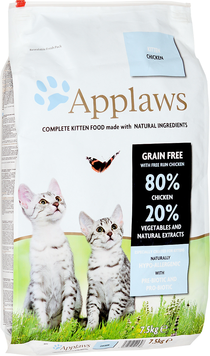 Корм сухой Applaws для котят, беззерновой, с курицей и овощами, 7,5 кг24399 Корм сухой Applaws для котят, беззерновой, с курицей и овощами, 7,5 кг24399Беззерновой корм для кошек Applaws изготовлен по особым рецептам, разработанными диетологами института Великобритании. Правильная диета очень важна для питомцев, ведь она меняется в зависимости от жизненного цикла. Также полнорационные корма должны включать в себя необходимое количество витаминов и минералов. В рецептах сухих кормов Applaws учтен не только перечень наиболее необходимых минералов и витаминов, но и их строгий баланс. Так как сухой корм изготавливается только из натуральных качественных ингредиентов, крокеты привлекут внимание любого, даже очень привередливого питомца. Состав: сушеное мясо цыпленка (62%), фарш из куриного мяса (17%), картофель, пивные дрожжи, свекловичный жом, куриная подливка (1%), лососевый жир, источник омега-3, ЭПК и ДГК, витамины и минералы, сушеное яйцо, целлюлозное растительное волокно (0,03%), хлорид натрия, карбонат кальция, морские водоросли, клюква, ДЛ-метионин, хлорид калия, экстракт юкки, экстракт из...
