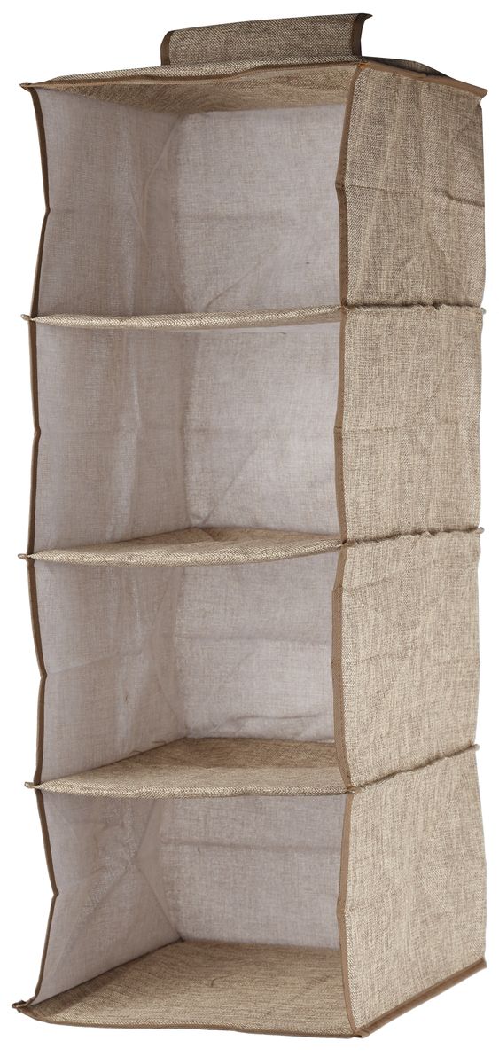 Кофр подвесной White Fox Linen, 4 полки, цвет: бежевый, 30 х 30 х 84 смWHHH10-367 Кофр подвесной White Fox Linen, 4 полки, цвет: бежевый, 30 х 30 х 84 смWHHH10-367Подвесной кофр White Fox Linen, изготовленный из полиэстера стилизованного под лен, оснащен 4 полками. Он позволяет сохранять естественную вентиляцию и создает дополнительное пространство для хранения головных уборов, белья и мелких вещей. Благодаря удобной конструкции складывается и раскладывается одним движением. Для удобства в обращении имеется ручка. В сложенном виде изделие занимает минимум места, его легко хранить и перевозить. В таком кофре можно хранить всевозможные предметы: вещи, игрушки, рукоделие и многое другое.