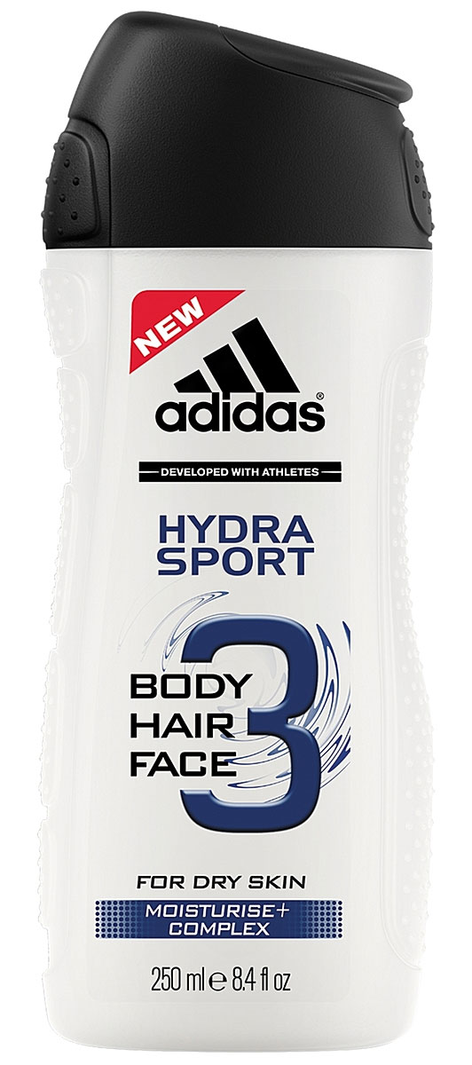Adidas Гель для душа, шампунь и гель для умывания Body-Hair-Face Hydra Sport, мужской, 250 мл340005270300/3607343568081 Adidas Гель для душа, шампунь и гель для умывания Body-Hair-Face Hydra Sport, мужской, 250 мл340005270300/3607343568081Три в одном: волосы, тело, лицо. Очищает, освежает, смягчает.