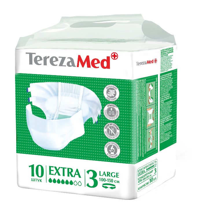 TerezaMed Подгузники для взрослых Extra Large (№3) 10 шт5414874007815 TerezaMed Подгузники для взрослых Extra Large (№3) 10 шт5414874007815Подгузники TerezaMed Extra Medium предназначены для больных недержанием средней тяжести. Подгузник выполнен из мягкого дышашего материала, который пропускает пары влаги. Это позволяет коже пациента под подгузником дышать, а так же снижает риск появления опрелостей. Ядро подгузника состоит из натурального материала - целлюлозы, в которую добавлен суперабсорбент, впитывающий жидкость в больших количествах и обладающий свойством подавлять развитие неприятного запаха. Зеленый распределительный слой эффективно впитывает жидкость и распределяет ее внутри подгузника, тем самым снижая риск появления протечек. Резиночка на спинке более надежно фиксирует подгузник на талии. Крепление подгузника по бокам обеспечивается липучками типа замочек+липучка, что позволяет многократно их приклеивать и отклеивать. Боковые бортики вокруг ног сделаны из гидрофобного материала и надежно запирают жидкость внутри. Специальные запатентованные технологии (Odour Dry system - система нейтрализации запаха;...