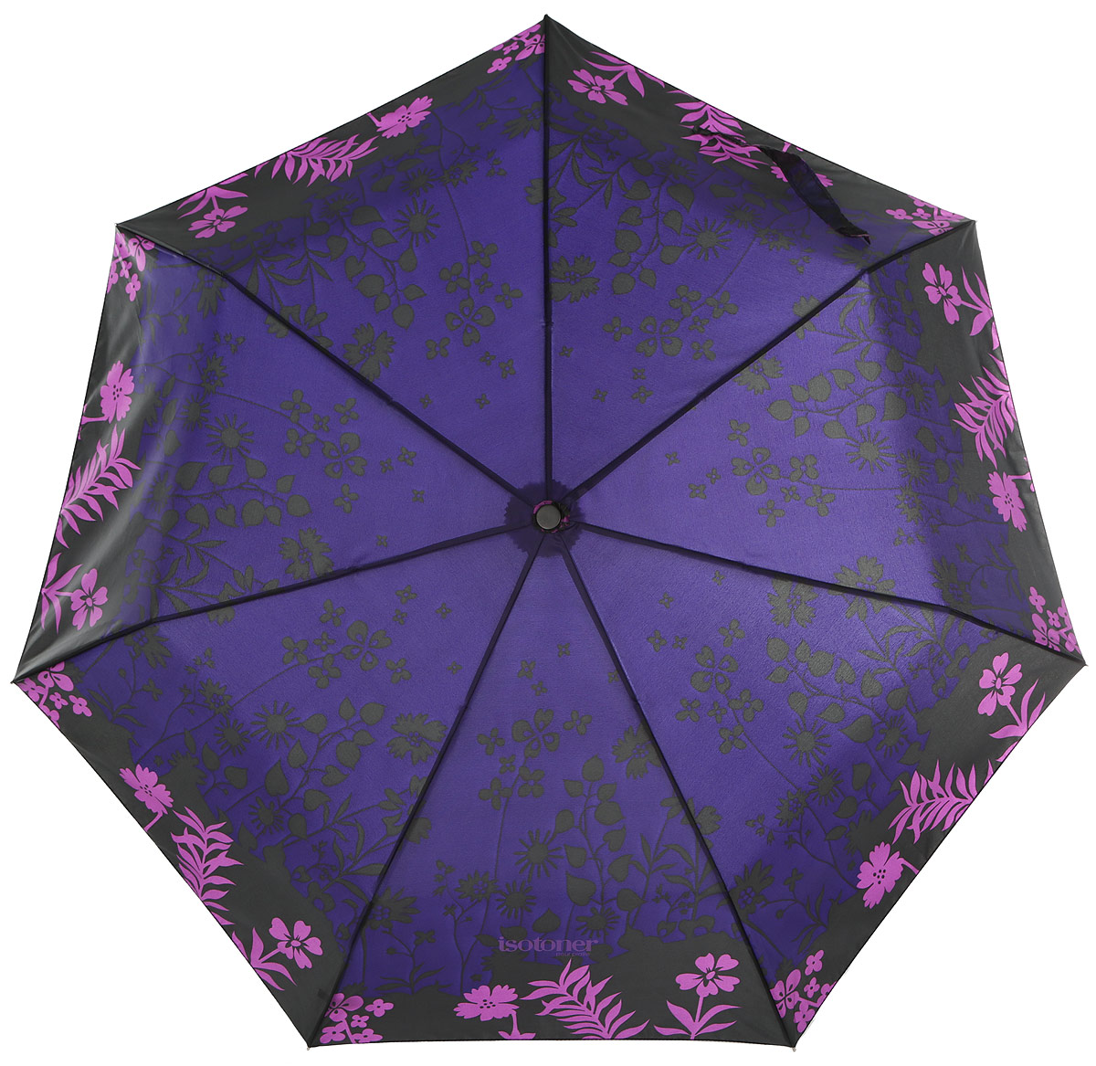 Зонт женский Isotoner Ombre Florale, автомат, 3 сложения, цвет: черный, фиолетовый. 0935809358-2336_цветы Зонт женский Isotoner Ombre Florale, автомат, 3 сложения, цвет: черный, фиолетовый. 0935809358-2336_цветыСтильный зонт Isotoner Ombre Florale оформлен ярким цветочным принтом. Каркас зонта выполнен из семи стальных спиц и оснащен удобной рукояткой из пластика. Зонт имеет автоматический механизм сложения: купол открывается и закрывается нажатием кнопки на рукоятке, стержень складывается вручную до характерного щелчка, благодаря чему открыть и закрыть зонт можно одной рукой, что чрезвычайно удобно при входе в транспорт или помещение. Купол зонта выполнен из прочного полиэстера. К зонту прилагается чехол. Стильный зонт даже в ненастную погоду позволит вам оставаться стильной и элегантной.