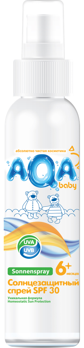 AQA baby Солнцезащитный спрей SPF 30, 150 мл02012401 AQA baby Солнцезащитный спрей SPF 30, 150 мл02012401Спрей надежно защищает нежную кожу даже самых маленьких детей от воздействия солнечных лучей. Инновационная формула (Homeostatic Sun Protection) обеспечивает: - улучшенный биосинтез витамина D; - двойную защиту от UVA- лучей; - профилактику старения кожи. Спрей легко наносится и быстро впитывается, не оставляя ощущения липкости. Содержит пантенол, который увлажняет кожу и препятствует сухости и шелушению.