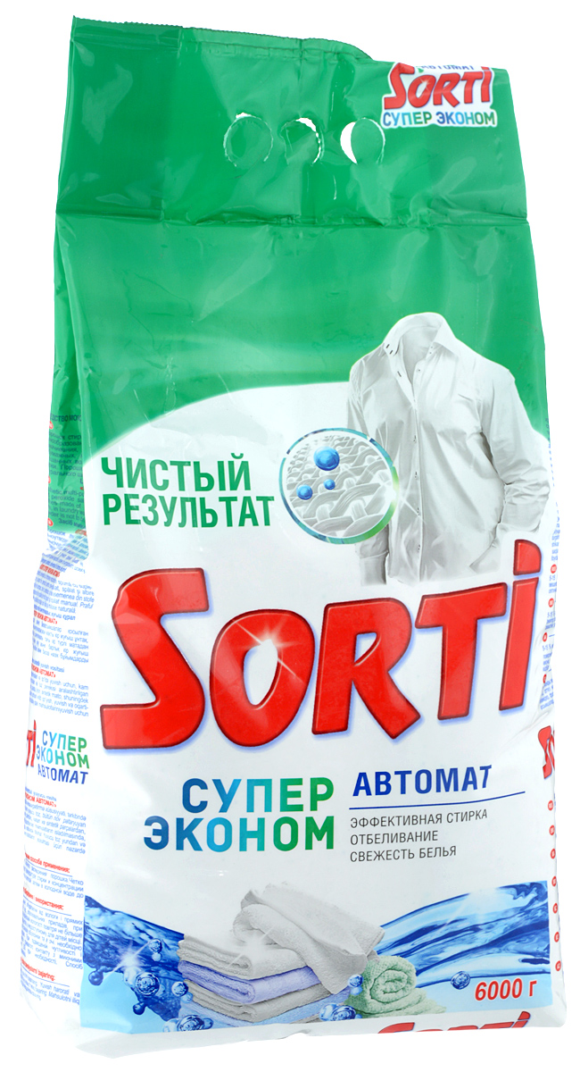 Стиральный порошок Sorti Супер эконом, 6 кг734-5 Стиральный порошок Sorti Супер эконом, 6 кг734-5Стиральный порошок Sorti Супер эконом - это универсальное синтетическое средство с пониженным пенообразованием с биодобавками и перекисными солями для замачивания, стирки и отбеливания изделий из хлопчатобумажных, льняных, синтетических тканей, а также тканей из смешанных волокон в стиральных машинах любого типа и ручной стирки. Порошок не предназначен для стирки изделий из шерсти и натурального шелка. Порошок не обладает аллергенным и раздражающим действием на кожу. Характеристики: Вес: 6 кг. Размер упаковки: 24 см х 16 см х 50 см. Артикул: 734-5. Товар сертифицирован.