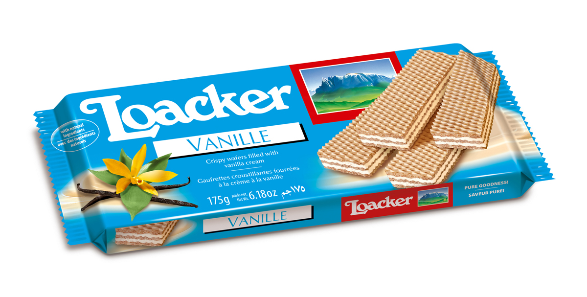 Loacker Vanille вафли, 175 г10734-035 Loacker Vanille вафли, 175 г10734-035Хрустящие вафли Loacker Vanille имеют множество поклонников во всем мире. 3 свежие вафли с 2 слоями нежнейшей ванильной начинки (75% продукта!) никого не оставят равнодушным. Для сладких моментов отдыха, в качестве десерта, на завтрак или просто перекусить – ванильные вафли идеальны.