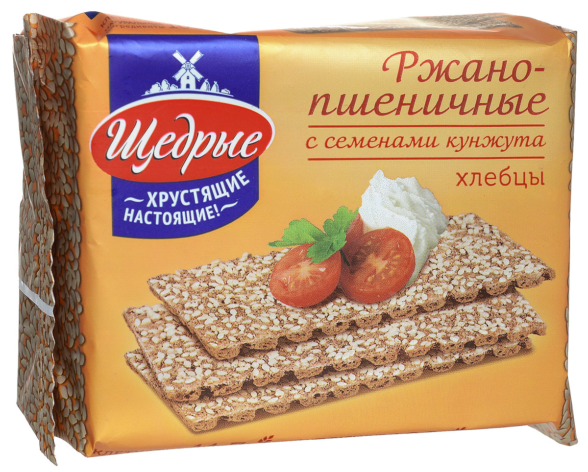 Щедрые хлебцы ржано-пшеничные с семенами кунжута, 200 гбрк040 Щедрые хлебцы ржано-пшеничные с семенами кунжута, 200 гбрк040Хрустящие ржано-пшеничные хлебцы с семенами кунжута не только вкусные, но и полезные. Они содержат большое количество клетчатки (11,7%), а также витамины и минералы. 100% натуральный продукт, без консервантов, красителей и искусственных добавок. Отличная замена хлебобулочным изделиям, а также хороший диетический продукт.