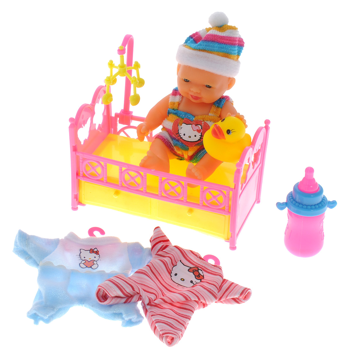 Карапуз Пупс в шапке Нello КittyU536-H43085-HELLO KITTY_шапка Карапуз Пупс в шапке Нello КittyU536-H43085-HELLO KITTY_шапкаПупс Карапуз Нello Кitty привлечет внимание вашей малышки и не позволит ей заскучать. Главным героем будет очаровательный и реалистичный пупс, а аксессуары из набора добавят игре разнообразия. Малыша ваша девочка сможет одеть по своему вкусу, так как в наборе имеется сразу два стильных костюмчика. Комплекты одежды украшены изображением кошечки Нello Кitty. Также в набор входят: кроватка, бутылочка и игрушка для пупса. Игра с пупсом разовьет в вашей малышке фантазию и любознательность, поможет овладеть навыками общения и научит ролевым играм, воспитает чувство ответственности и заботы. Порадуйте ее таким замечательным подарком!