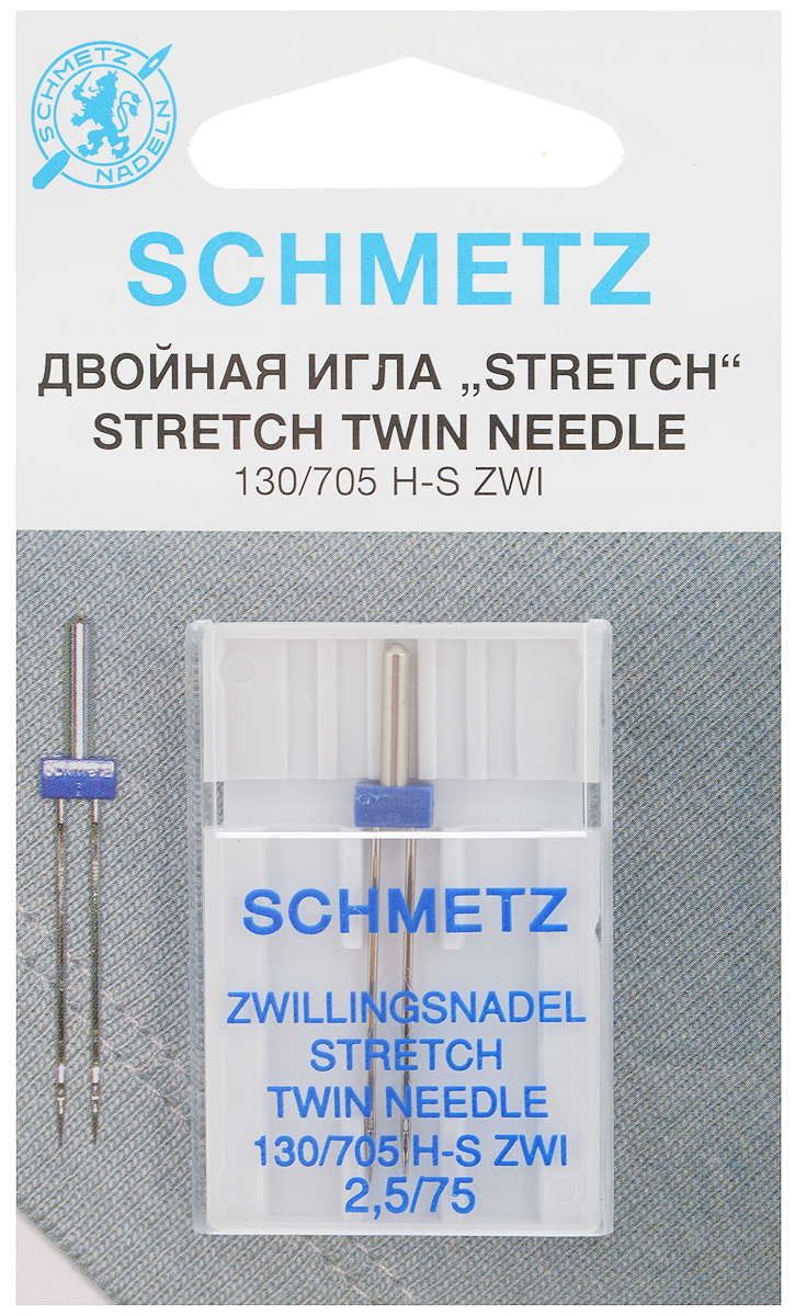 Игла для зигзаг-машин Schmetz Stretch, двойная, №2,5/7569:25.FB2.SMS Игла для зигзаг-машин Schmetz Stretch, двойная, №2,5/7569:25.FB2.SMSДвойная игла Schmetz Stretch применяется для кантов, одно- или двухцветных декоративных швов на эластичных и высокоэластичных материалах, таких как шелковый джерси, лайкра. Игла подходит только для зигзаг-машин с поперечно расположенным грейфером. Размер иглы: №2,5/75. Стандарт: 130/705 H-S ZWI.