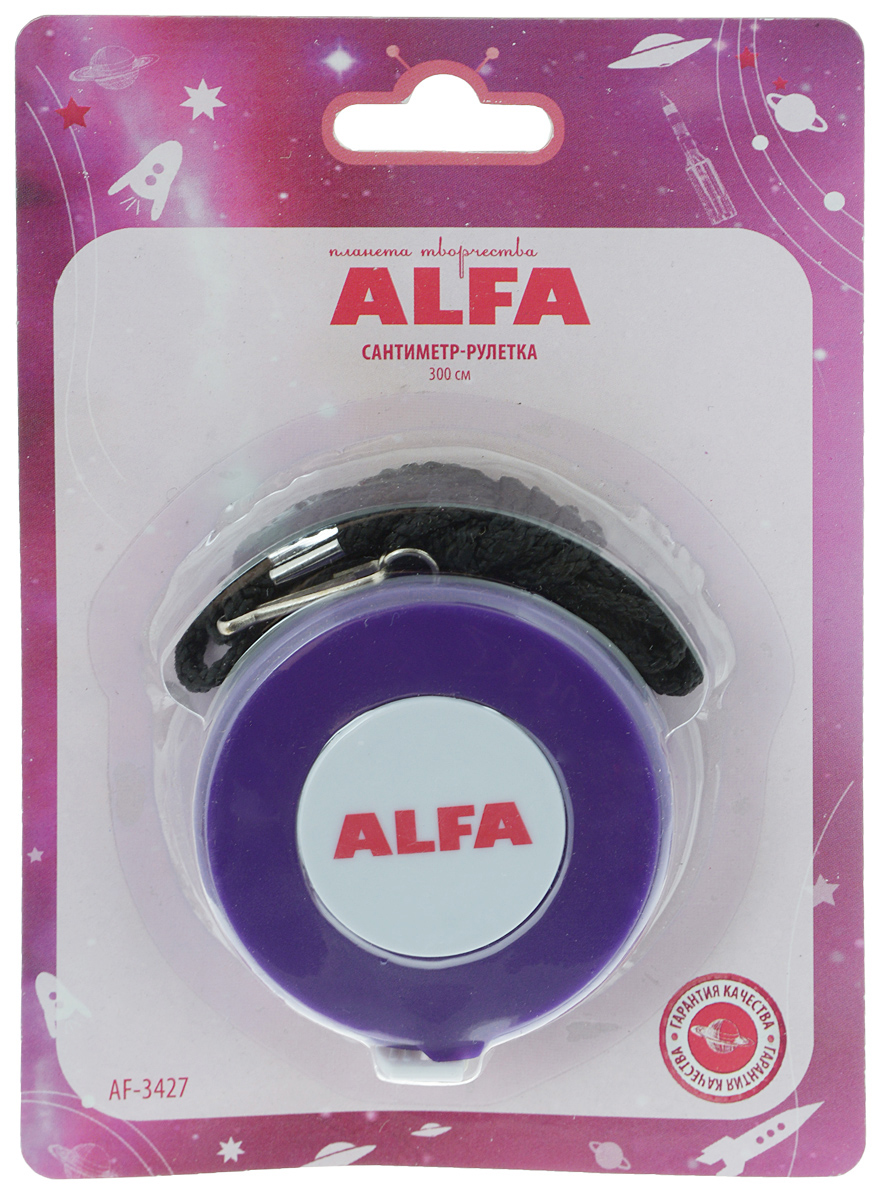 Сантиметр-рулетка Alfa, цвет: фиолетовый, 300 смAF-3427 Сантиметр-рулетка Alfa, цвет: фиолетовый, 300 смAF-3427Сантиметр-рулетка Alfa в пластиковом корпусе предназначена для снятия мерок, измерения различных изделий и материалов. Сантиметровая лента выполнена из ПВХ с делением в 1 см с одной стороны и в 1 дюйм с другой. Общая длина 300 см/120 дюймов. Рулетка дополнительно снабжена отстегивающимся текстильным шнурком. Диаметр корпуса: 6 см.