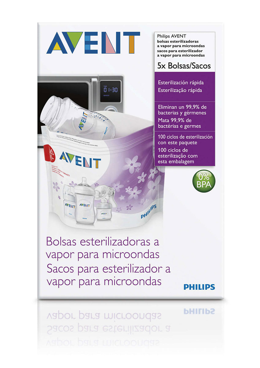 Philips Avent Пакеты для стерилизации в микроволновой печи, 5 шт SCF297/05SCF297/05 Philips Avent Пакеты для стерилизации в микроволновой печи, 5 шт SCF297/05SCF297/05Для более эффективной стерилизации в пакете предусмотрено окошко, с помощью которого можно проверить расположение изделия внутри пакета. Одна упаковка содержит 5 пакетов для микроволновой печи, каждый из которых можно использовать не менее 20 раз. В специальном поле можно отмечать, сколько раз был использован продукт. Стерилизация бутылочек, молокоотсосов и других детских изделий всего за 90 секунд! Эффективный результат - уничтожение 99,9 % микробов и бактерий. Пакеты для стерилизации Philips Avent имеют область, с помощью которой их можно безопасно извлечь из микроволновой печи после завершения цикла стерилизации. Удобство использования без риска получения ожога. На каждом пакете изображены пошаговые инструкции. Стерилизация одновременно до трех бутылочек или одного молокоотсоса.