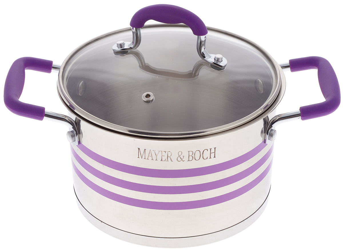 Кастрюля Mayer & Boch с крышкой, цвет: фиолетовый, стальной, 2,8 л24050 Кастрюля Mayer & Boch с крышкой, цвет: фиолетовый, стальной, 2,8 л24050Кастрюля Mayer & Boch изготовлена из высококачественной нержавеющей стали 18/10, которая придает ей привлекательный внешний вид, обеспечивает легкую очистку и долговечность. Многослойное термоаккумулирующее дно кастрюли обеспечивает наилучшее распределение и сохранение тепла. Кастрюля идеально подходит для здорового и экологичного приготовления пищи, а также диетических блюд. Ручки оснащены силиконовыми накладками, поэтому не перегреваются во время приготовления пищи. Крышка, выполненная из термостойкого стекла, позволяет следить за процессом приготовления пищи. Она оснащена отверстием для выхода пара и металлическим ободом. Форма кромки кастрюли предотвращает проливание жидкости, а благодаря правильности линий кромки в комбинации с крышкой, обеспечивается максимальная герметизация между ними. Яркий дизайн этой кастрюли придется по вкусу даже самой требовательной хозяйке. Подходит для всех типов плит, включая индукционные. Можно мыть в посудомоечной...