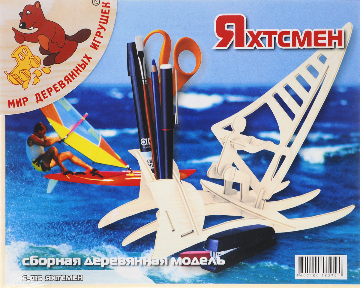 Мир деревянных игрушек Сборная деревянная модель ЯхтсменС015 Мир деревянных игрушек Сборная деревянная модель ЯхтсменС015Сборная деревянная модель Мир деревянных игрушек Яхтсмен выполнена из экологически чистой древесины, не содержит формальдегид. Сборка модели развивает моторику рук, усидчивость, внимательность, пространственное и абстрактное мышления. Детали модели выдавливаются из фанерной доски и собираются согласно инструкции. Лучше всего проклеивать места соединения клеем сразу при сборке, так собранная вами модель будет дольше радовать вас. Собрав модель, вы получите великолепную деревянную подставку для канцелярских принадлежностей с фигуркой яхтсмена на яхте. Вы можете раскрасить вашу модель, используя любые краски. В этом случае нужно заранее продумать как общий дизайн модели, так и окраску каждой детали. Производитель рекомендует использовать темперные краски. После покраски модель можно покрыть лаком.
