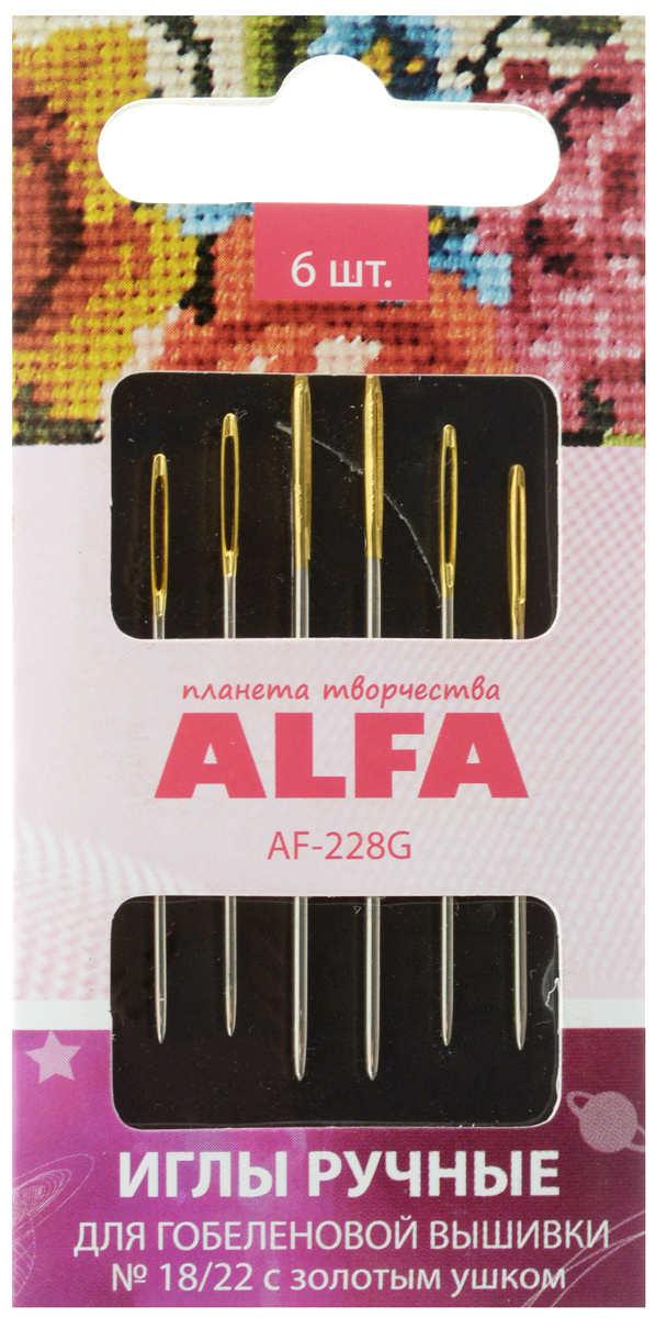 Набор ручных игл Alfa, для гобеленовой вышивки, с золотистым ушком, №18/22, 6 штAF-228G Набор ручных игл Alfa, для гобеленовой вышивки, с золотистым ушком, №18/22, 6 штAF-228GНабор Alfa состоит из 6 ручных игл, выполненных из металла. Изделия имеют разный размер ушка, толщину и длину. Иглы предназначены для гобеленовой вышивки. Рукоделие всегда считалось изысканным и благородным делом. Работа, сделанная своими руками, долго будет радовать вас и ваших близких. Набор ручных игл Alfa станет вам надежным помощником в рукоделии и шитье. Размер игл: №18/22. Количество игл: 6 шт.