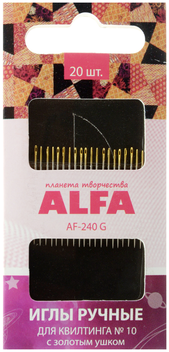 Иглы ручные Alfa, для квилтинга, с золотым ушком, №10, 20 штAF-240 G Иглы ручные Alfa, для квилтинга, с золотым ушком, №10, 20 штAF-240 GИглы ручные Alfa изготовлены из металла и предназначены для вышивания в технике квилтинг. Они имеют скругленное острие и ушко золотого цвета.