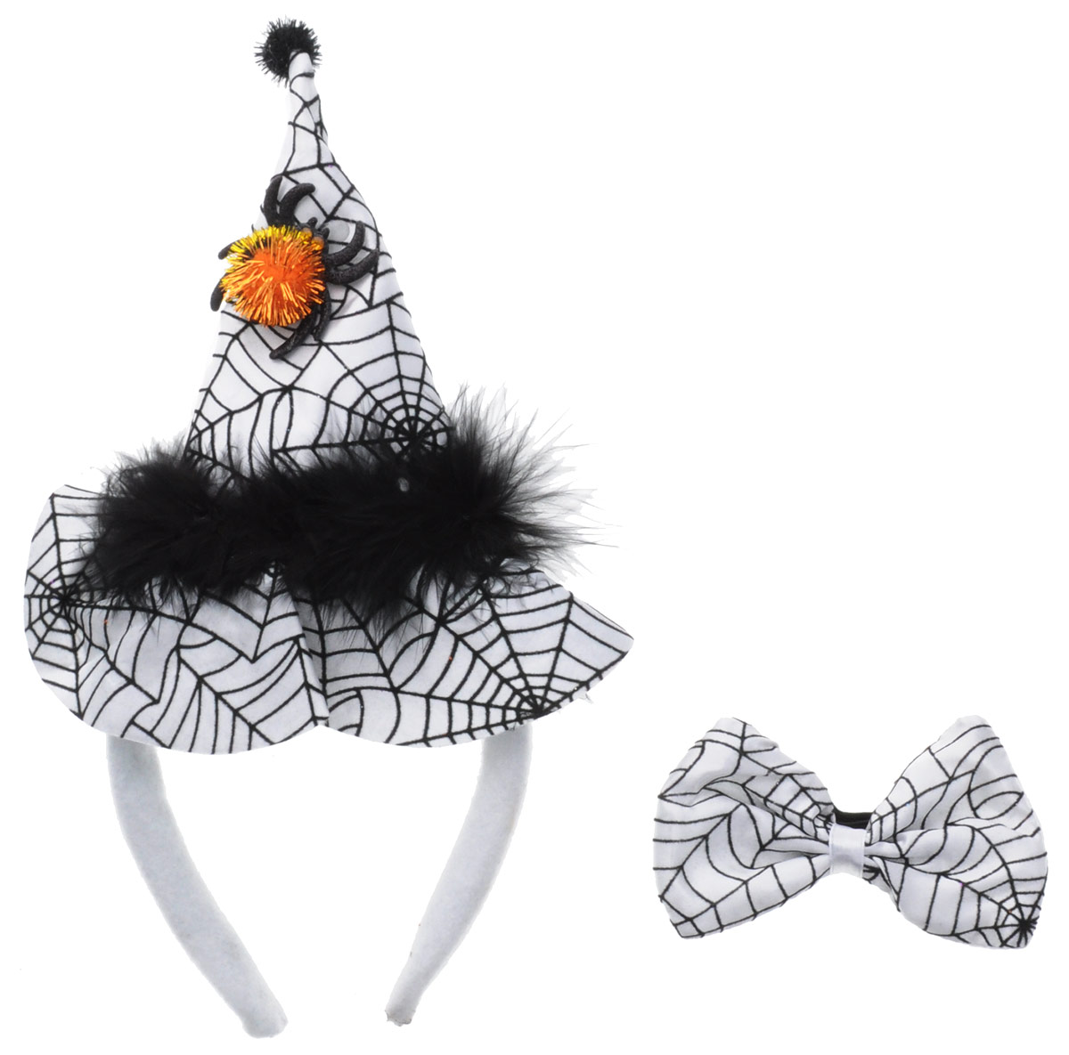 Partymania Ободок Шляпа Ведьмочки с бабочкой цвет белый черныйT1203_белый Partymania Ободок Шляпа Ведьмочки с бабочкой цвет белый черныйT1203_белыйОбодок Partymania Шляпа Ведьмочки - очень стильный аксессуар на любой маскарад. Одевается он на голову очень просто. Ободок обтянут тканью, шляпка выполнена также из ткани белого и черного цветов и украшена блестящим пауком. К ободку прилагается бабочка на резинке. С таким набором вы будете смотреться оригинально на карнавальном празднике, а праздник станет ярким и красочным!