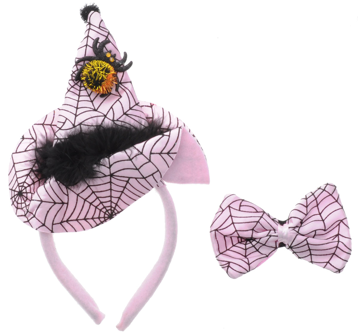 Partymania Ободок Шляпа Ведьмочки с бабочкой цвет розовый черныйT1203_розовый Partymania Ободок Шляпа Ведьмочки с бабочкой цвет розовый черныйT1203_розовыйОбодок Partymania Шляпа Ведьмочки - очень стильный аксессуар на любой маскарад. Одевается он на голову очень просто. Ободок обтянут тканью, шляпка выполнена также из ткани белого и черного цветов и украшена блестящим пауком. К ободку прилагается бабочка на резинке. С таким набором вы будете смотреться оригинально на карнавальном празднике, а праздник станет ярким и красочным!
