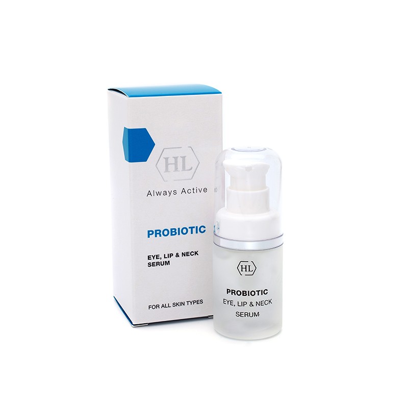 Holy Land Сыворотка для век, губ и шеи ProBiotic Eye, Lip and Neck Serum 20 мл127589 Holy Land Сыворотка для век, губ и шеи ProBiotic Eye, Lip and Neck Serum 20 мл127589Сыворотка для век, губ и шеи с миорелаксантами, аминокислотами, витаминами и минералами. Действие:Защищает и восстанавливает кожу. Обладает успокаивающим эффектом. Оказывает выраженный лифтинг эффект. Активные компоненты: Молочные протеины, метаболиты (продукты жизнедеятельности) бифидобактерий, экстракты цветов липы и гамамелиса. Гексапептид миорелаксант, предотвращает появление глубоких мимических морщин. Пентапептид стимулирует синтез коллагена и гиалуроновой кислоты, что приводит к уменьшению глубины морщин.